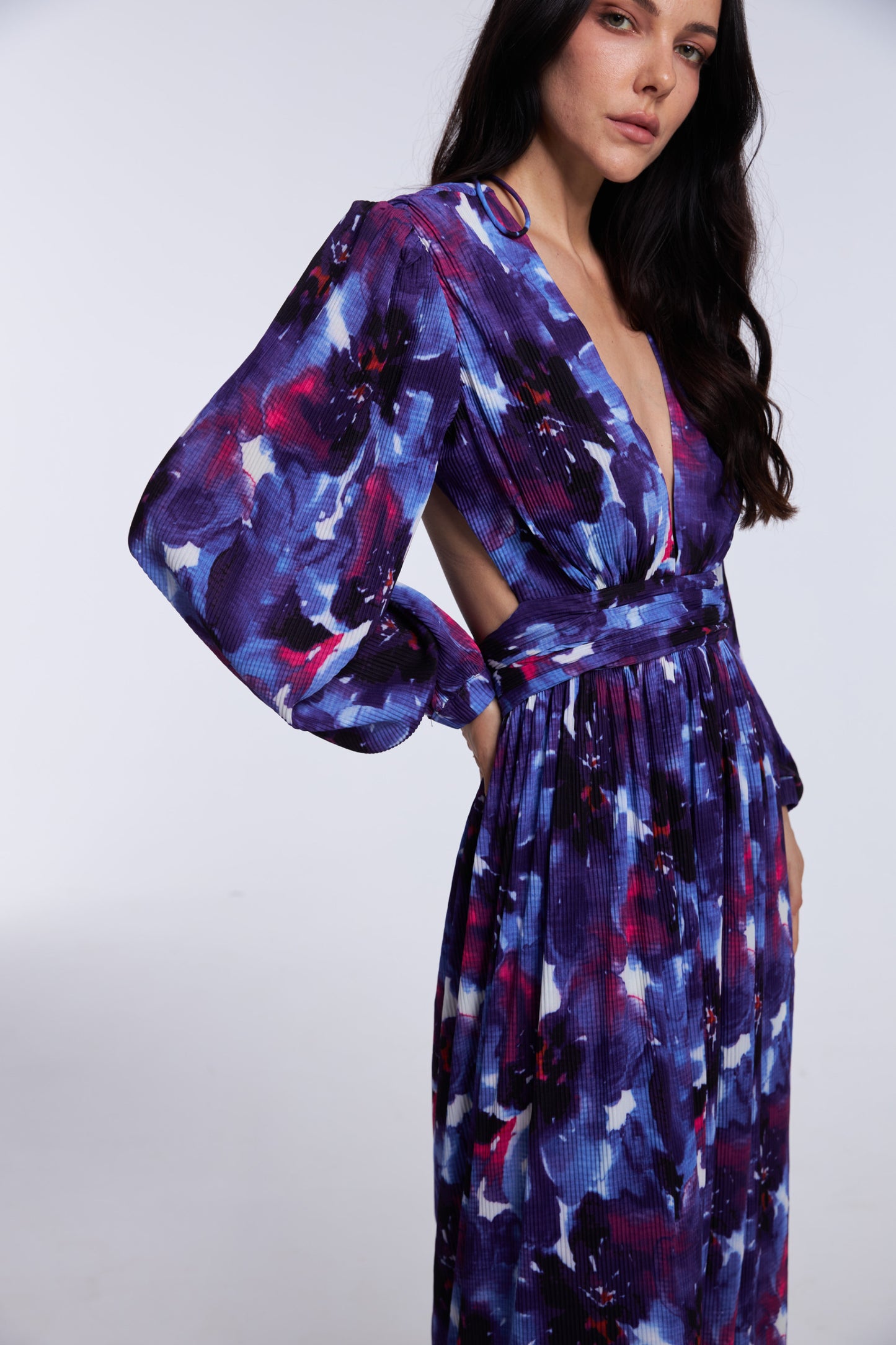 Lavender Floral-print Floor-length Gown