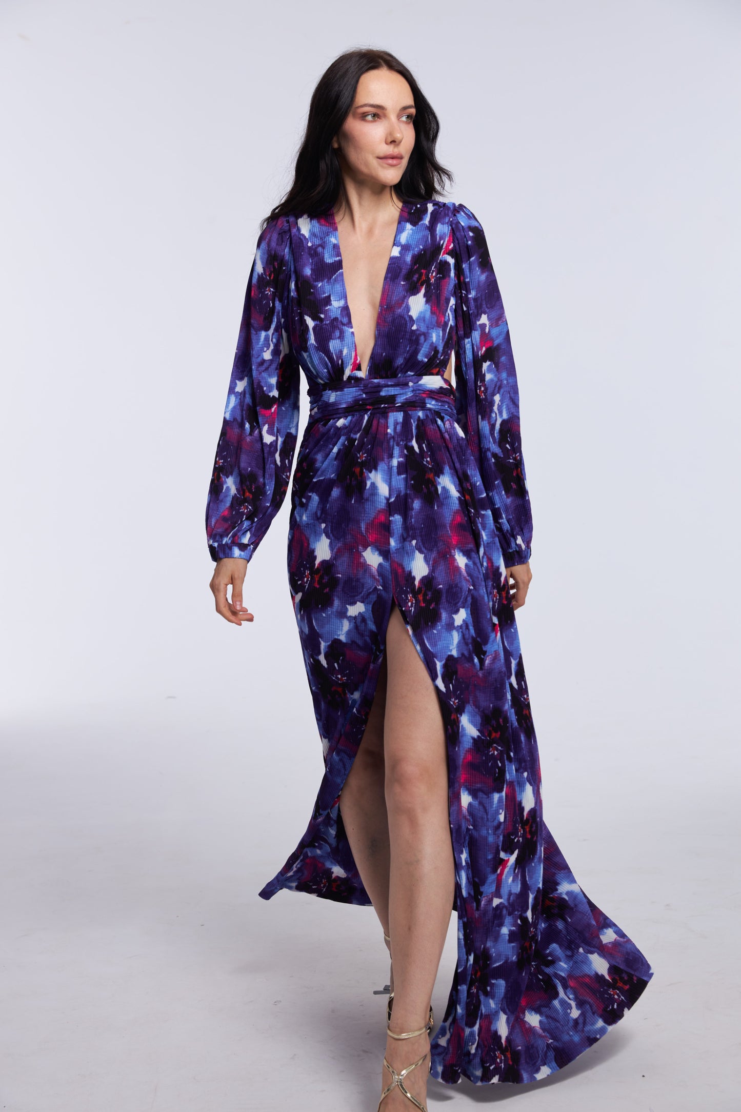 Lavender Floral-print Floor-length Gown