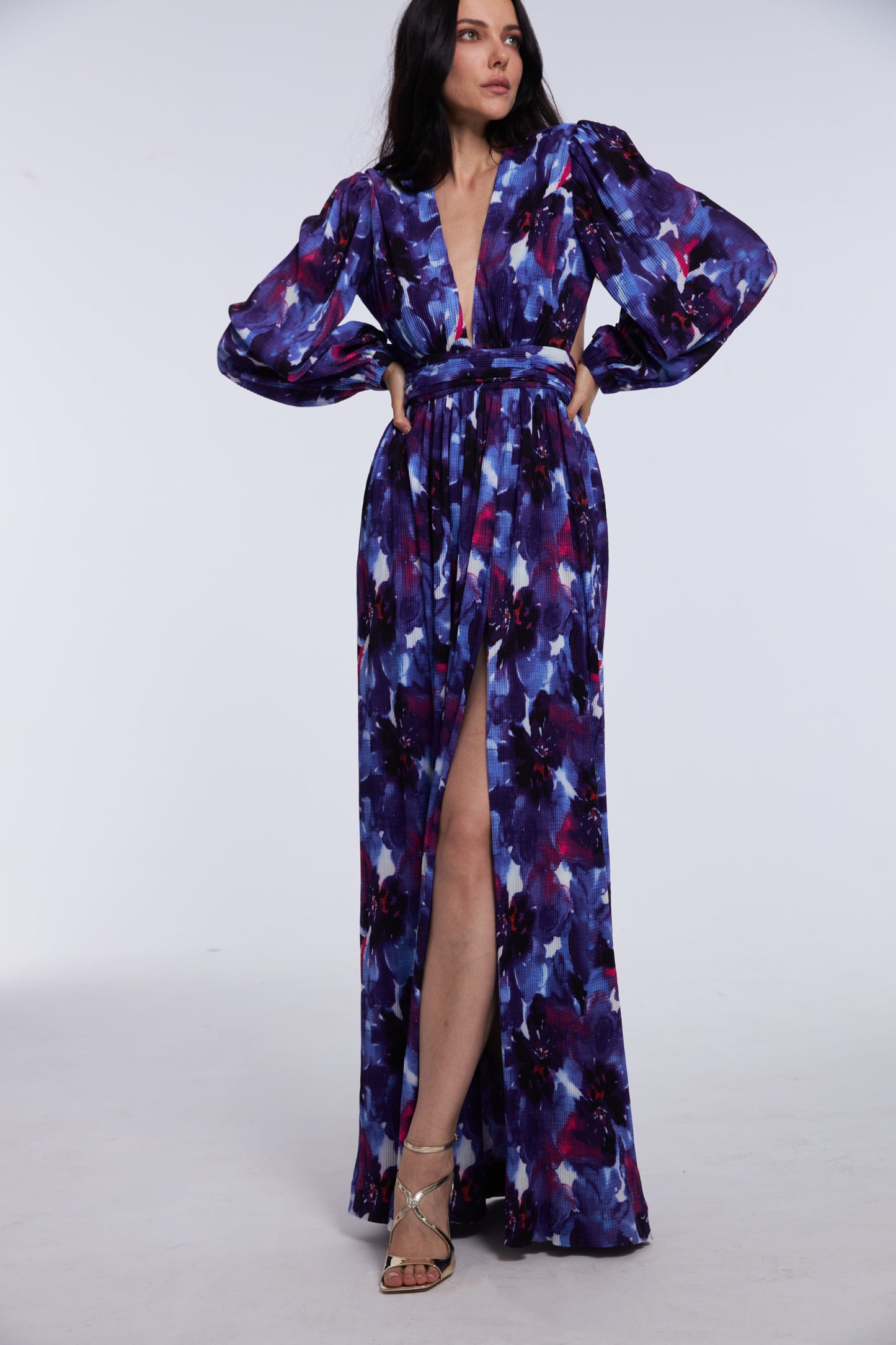 Lavender Floral-print Floor-length Gown