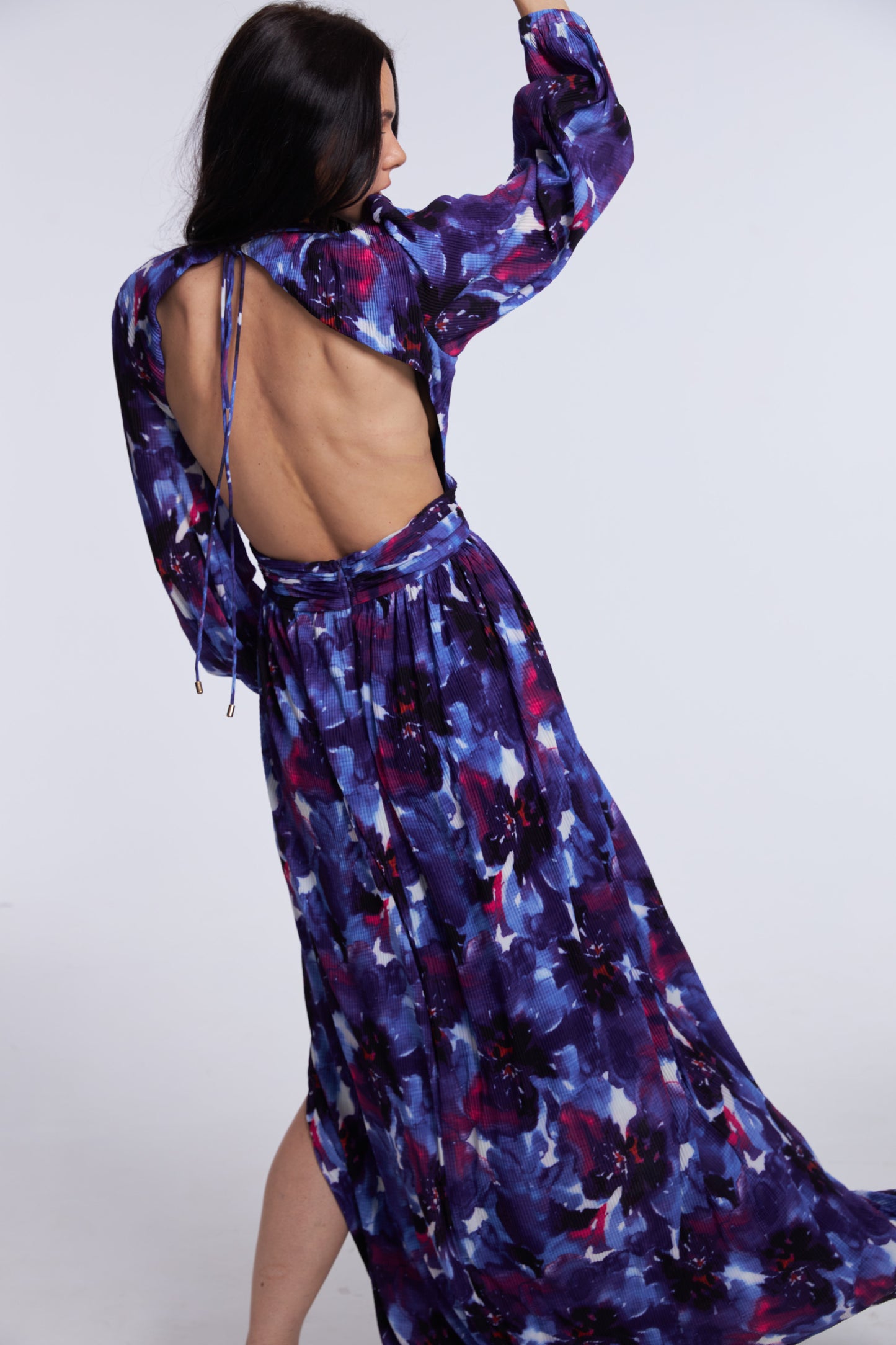 Lavender Floral-print Floor-length Gown