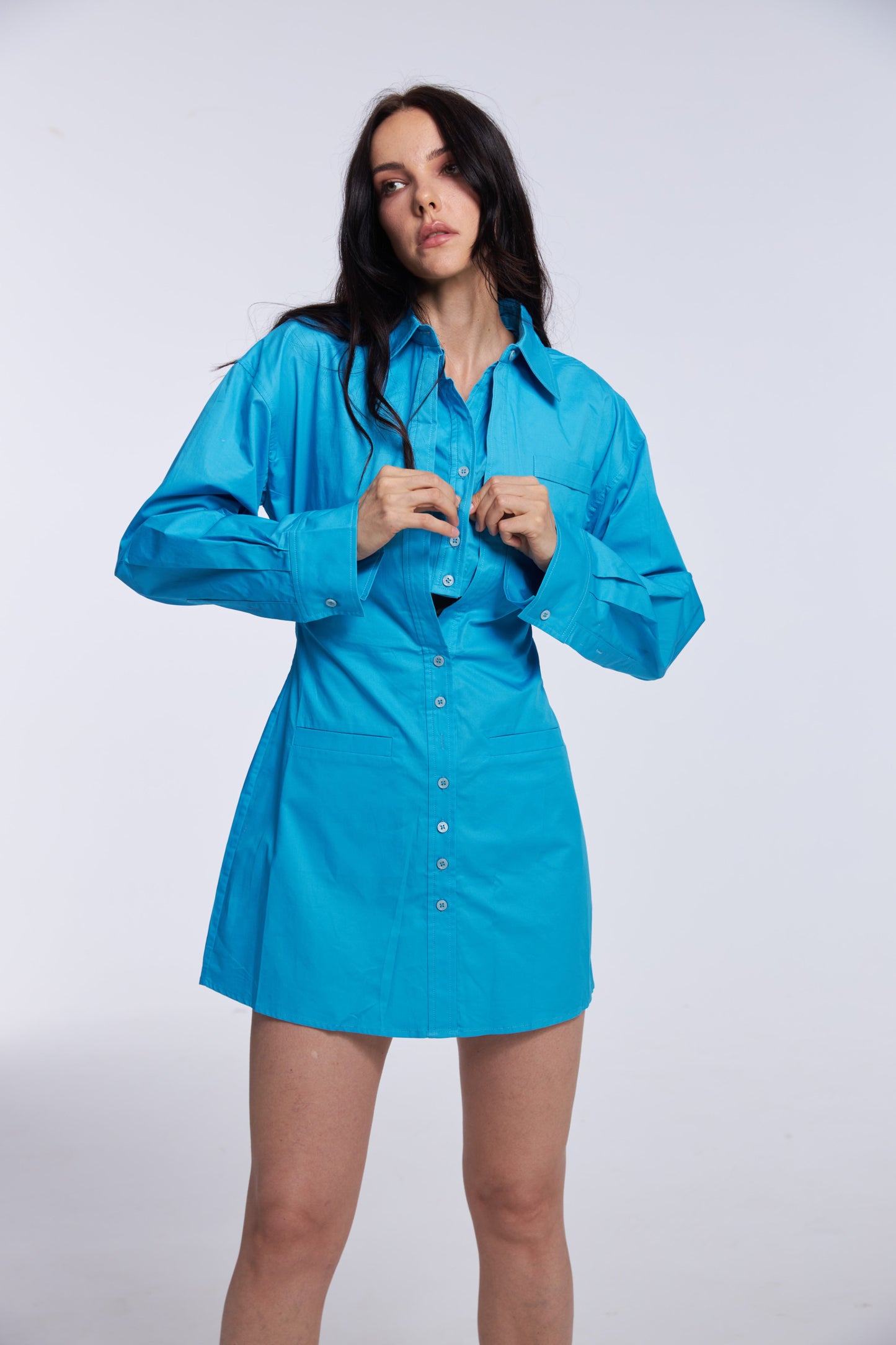 Turquoise Layered Cutout Cotton-poplin Shirt Dress