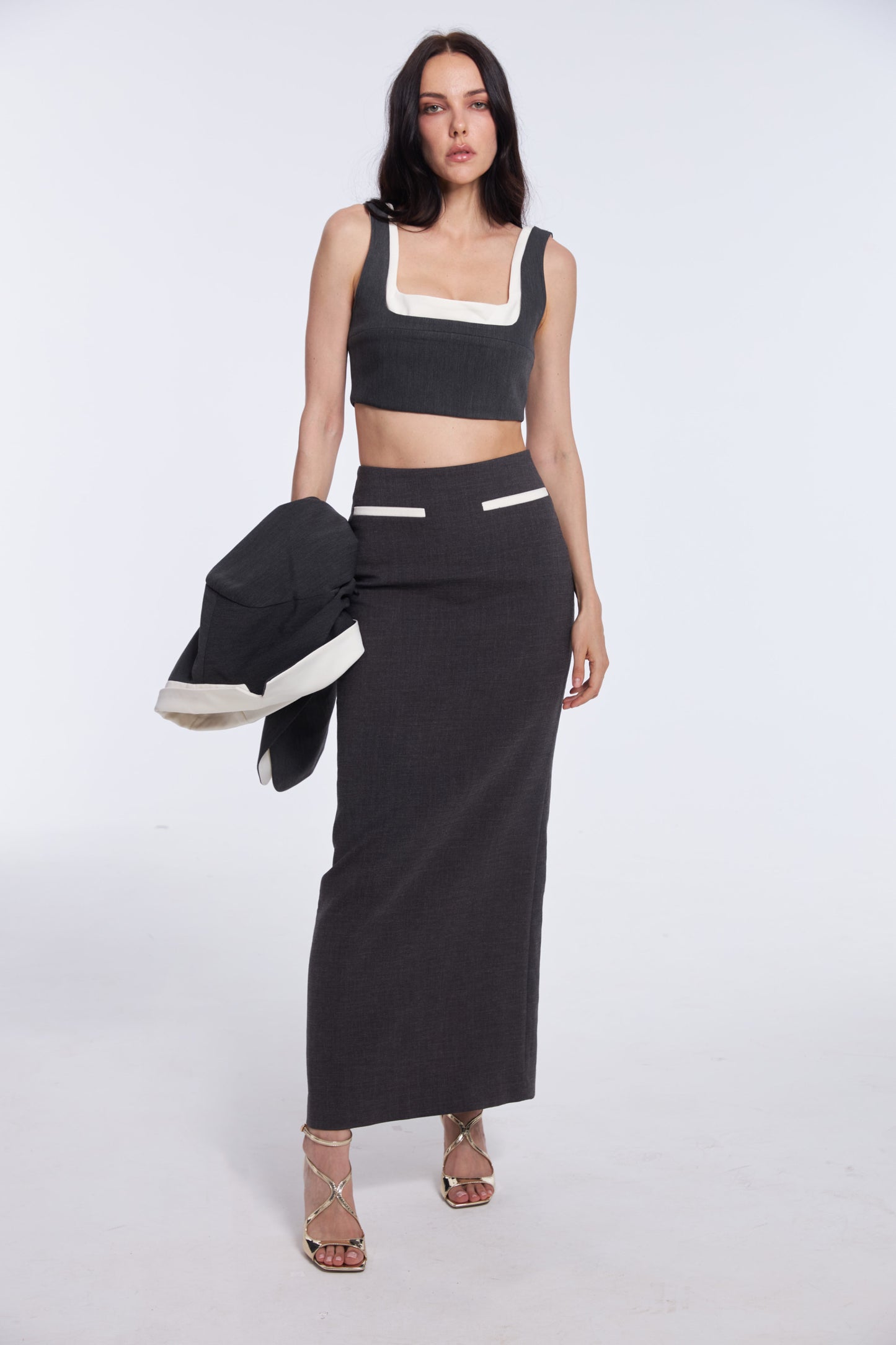 Colorblock Suit Set with Bandeau and Midi Skirt