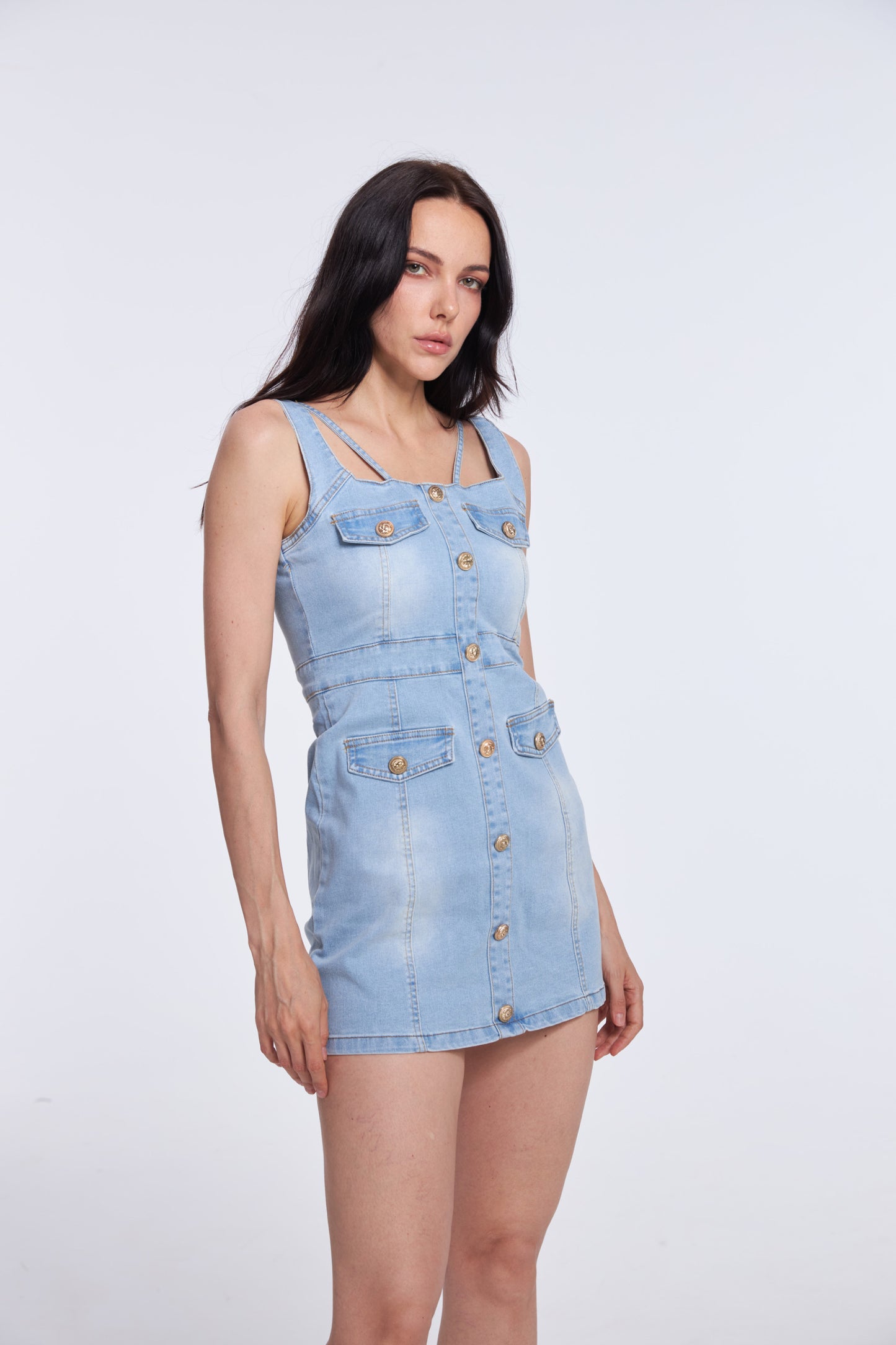 Blue Faded Denim Strappy Mini-Dress