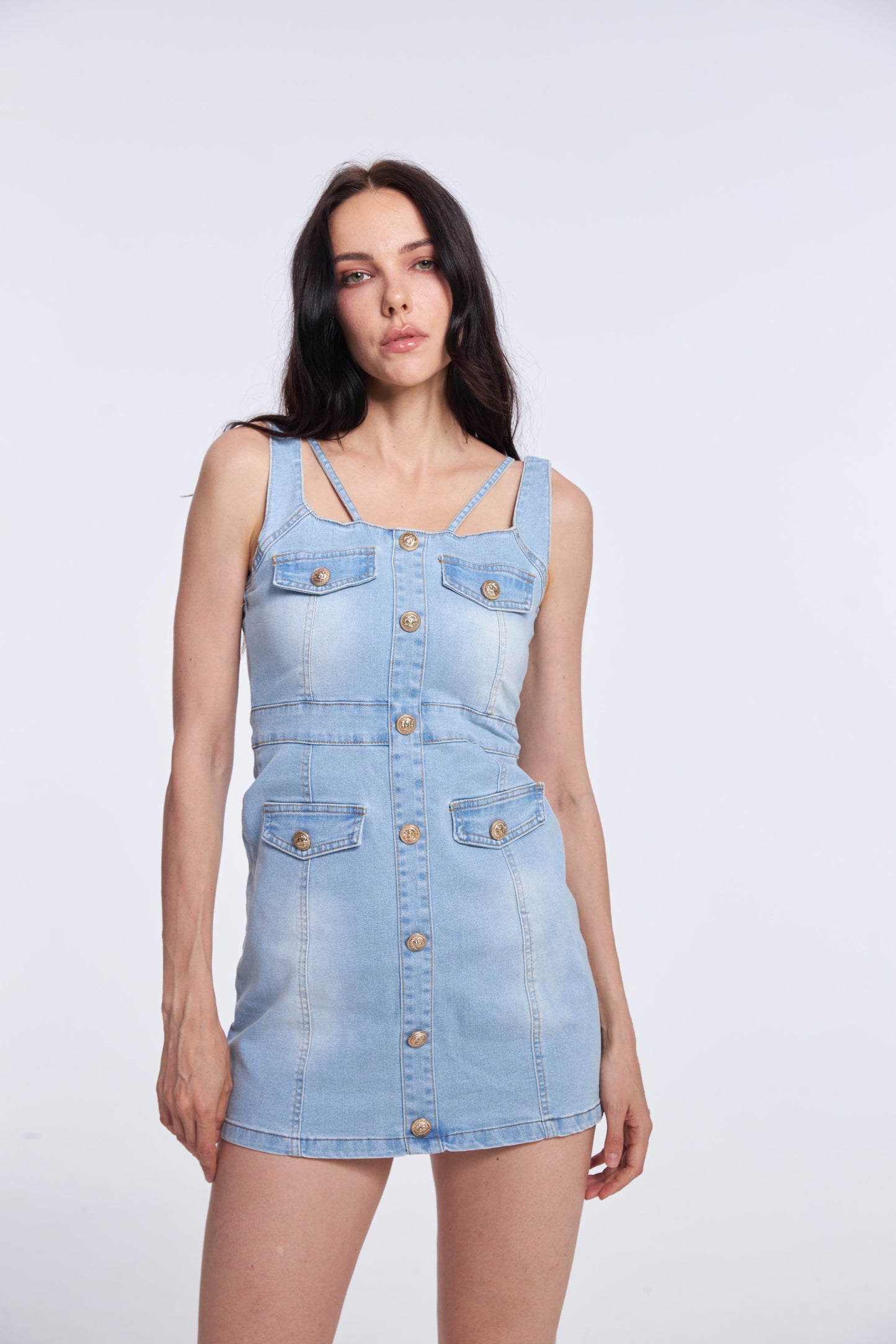 Blue Faded Denim Strappy Mini-Dress