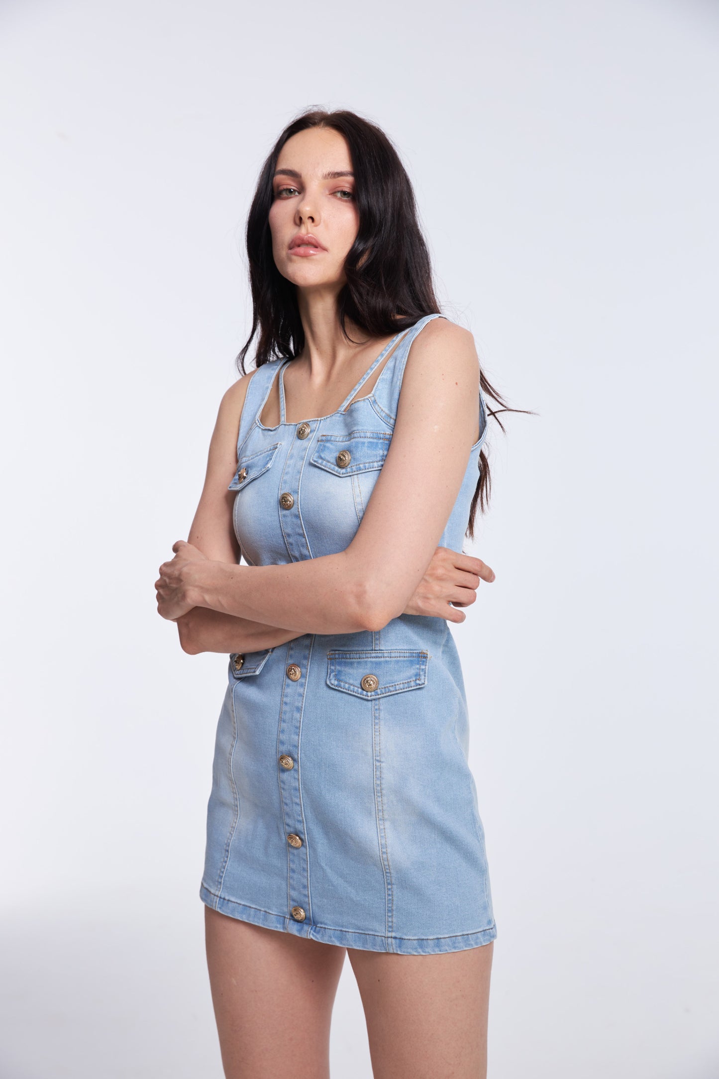 Blue Faded Denim Strappy Mini-Dress