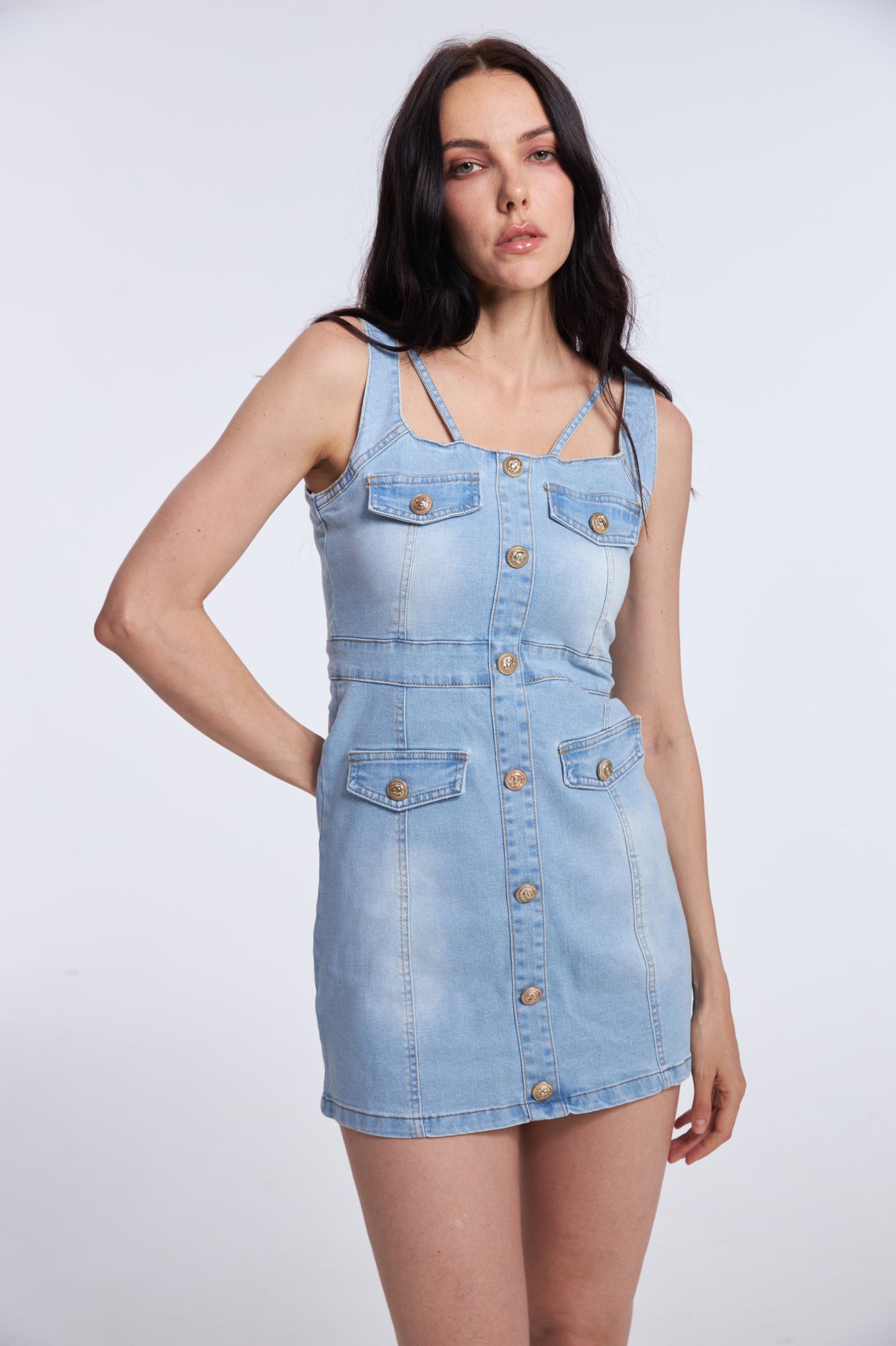 Blue Faded Denim Strappy Mini-Dress