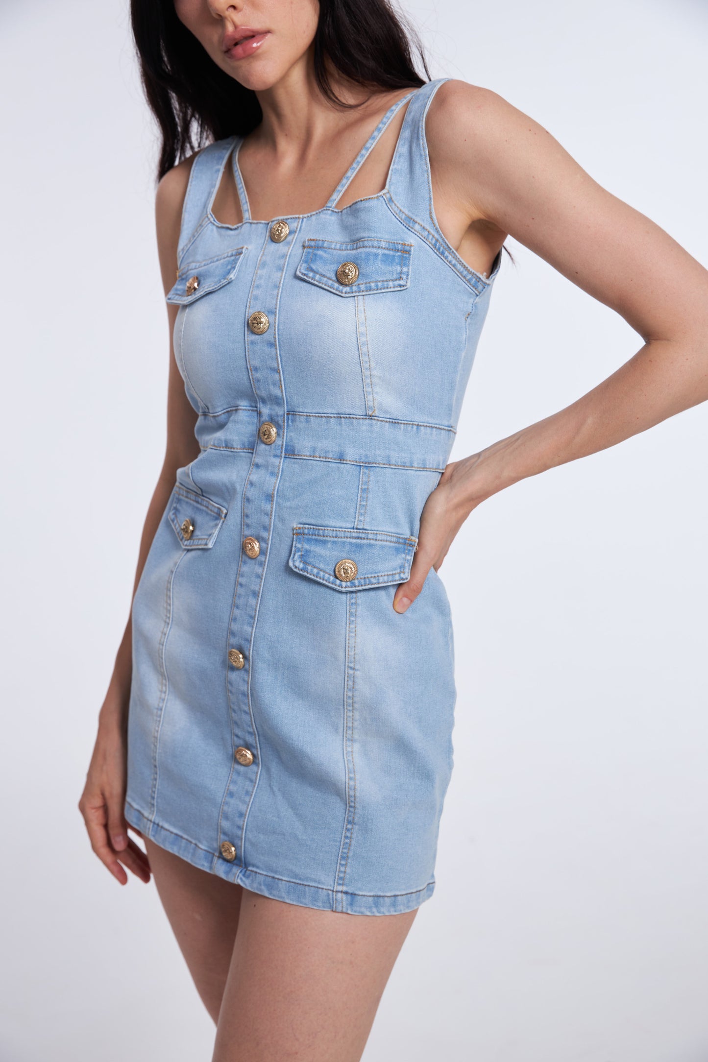 Blue Faded Denim Strappy Mini-Dress