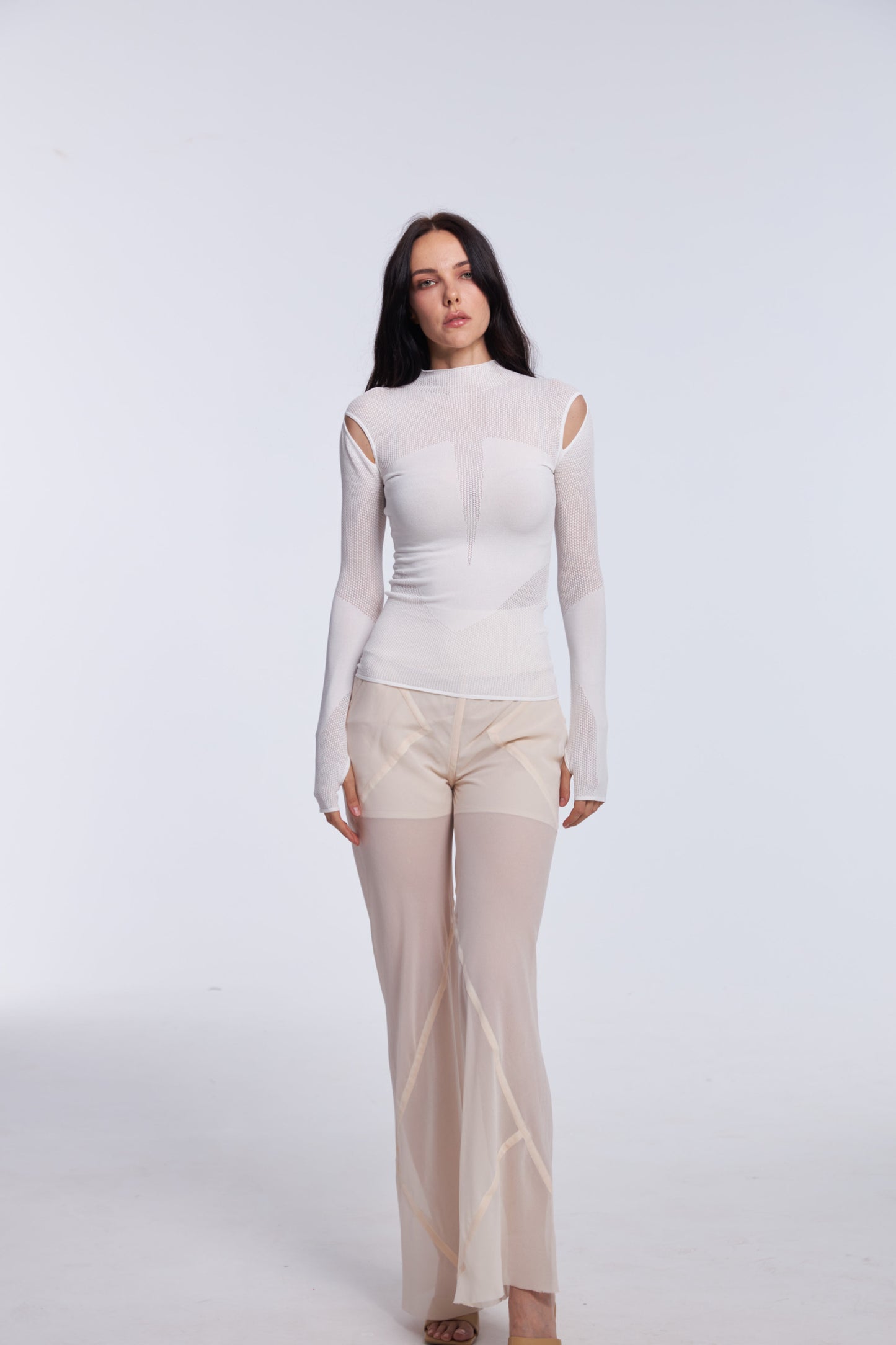 All-White Ensemble with Wool Sheer Cutout Top and Chiffon Pants