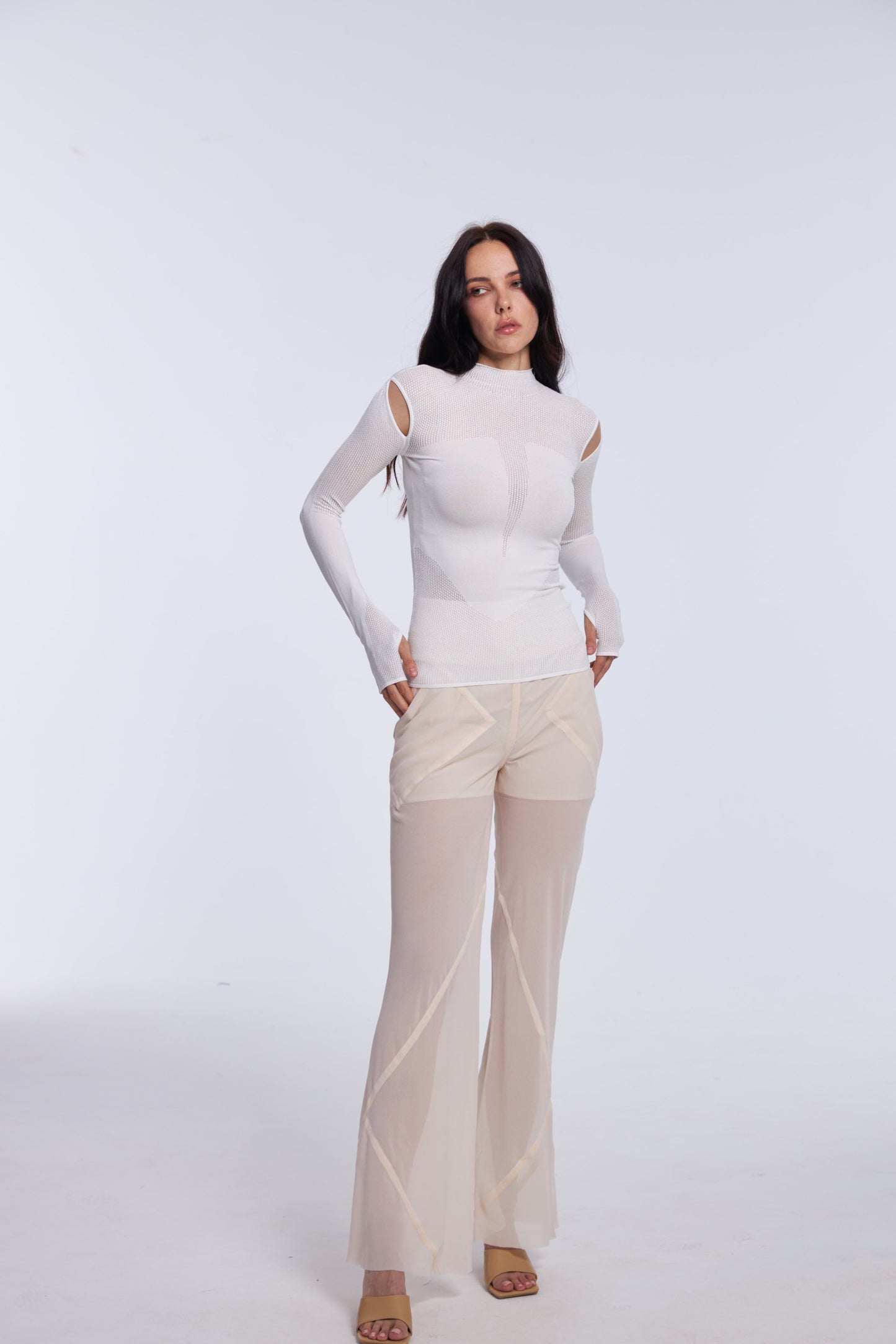 All-White Ensemble with Wool Sheer Cutout Top and Chiffon Pants