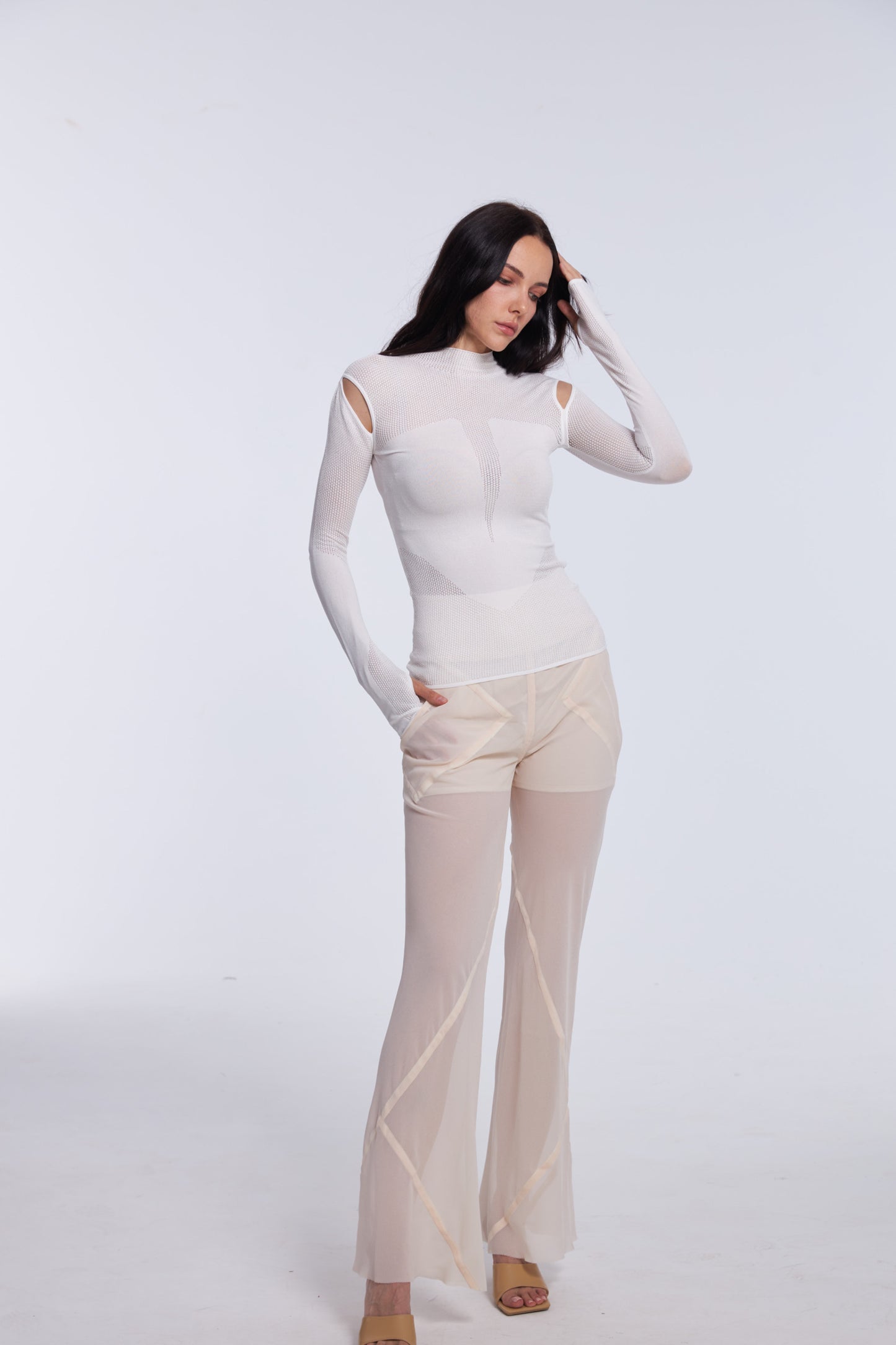 All-White Ensemble with Wool Sheer Cutout Top and Chiffon Pants