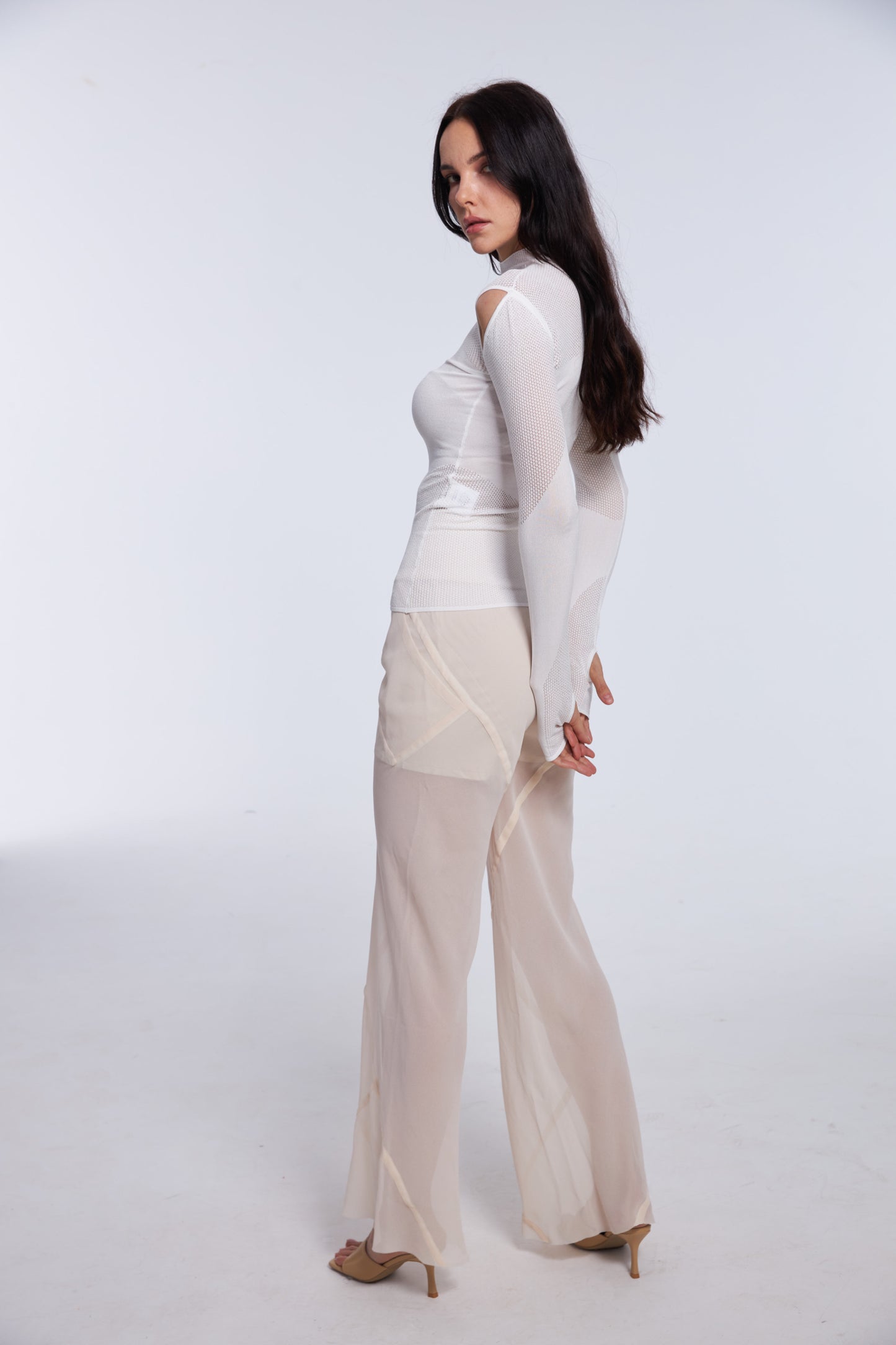 All-White Ensemble with Wool Sheer Cutout Top and Chiffon Pants