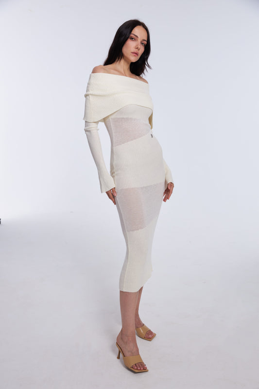 Ethereal Off-Shoulder Body-Hugging Midi Dress