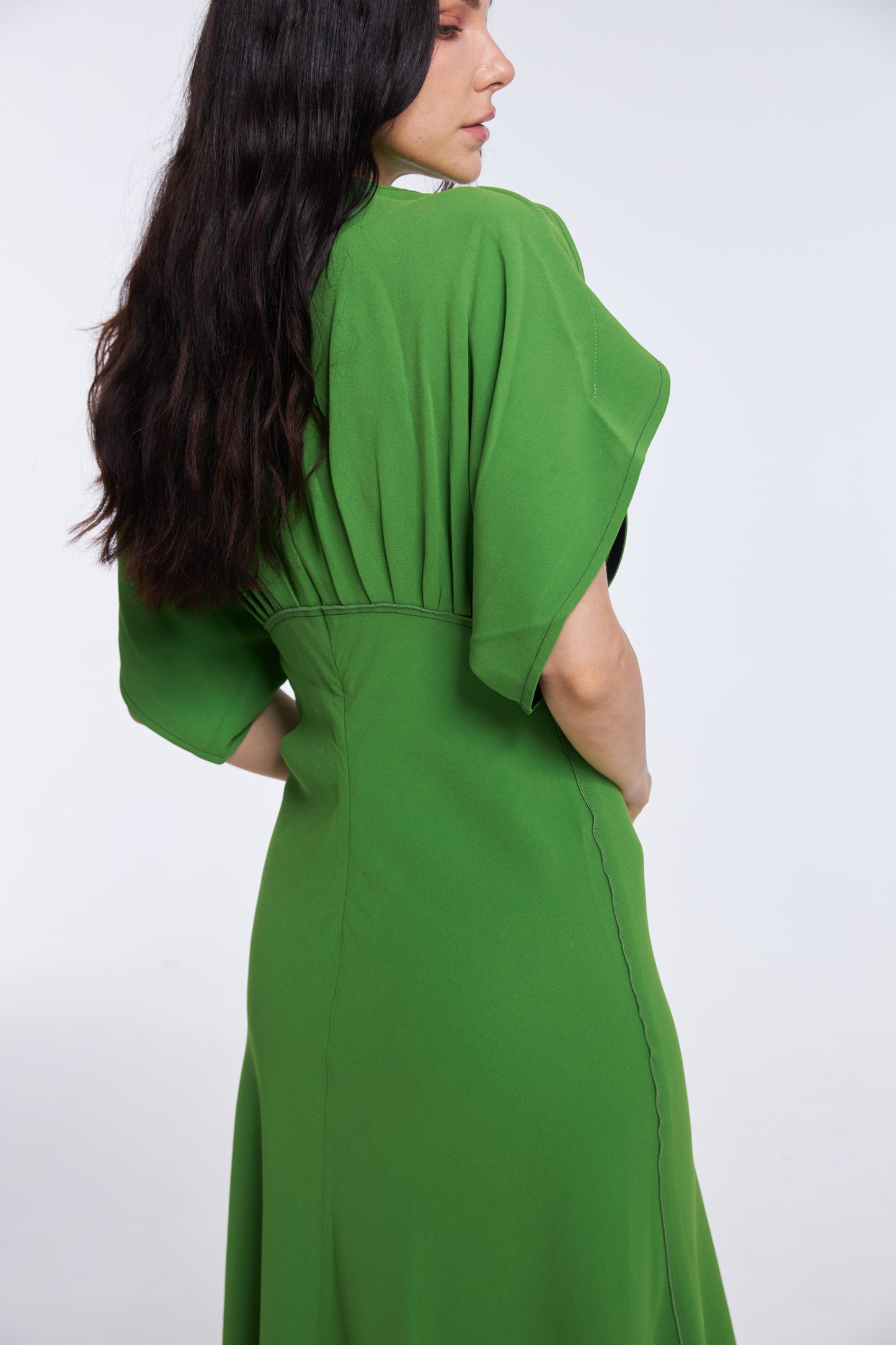 Vibrant Emerald Green Satin Puff Sleeve Midi Dress