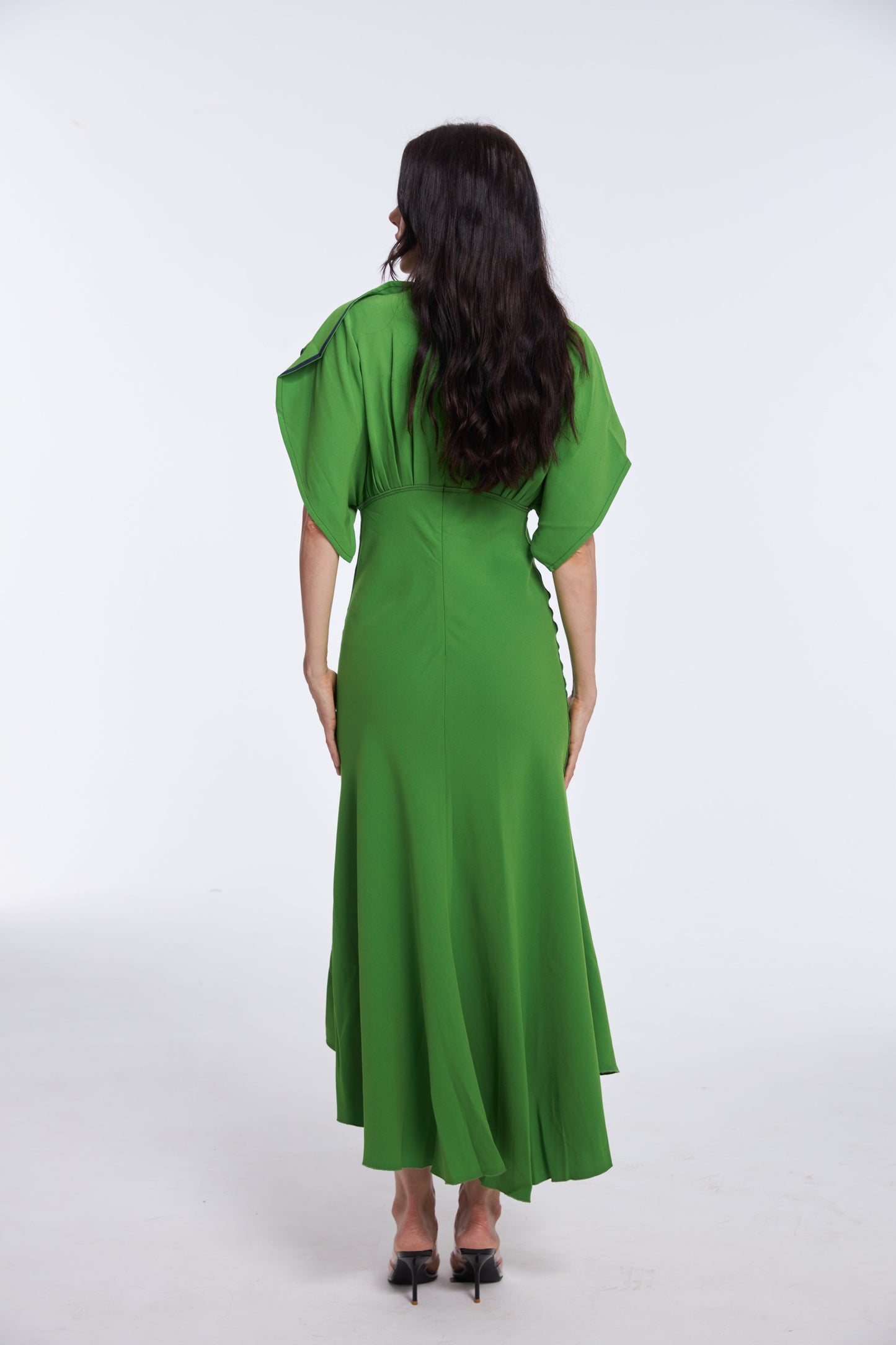 Vibrant Emerald Green Satin Puff Sleeve Midi Dress