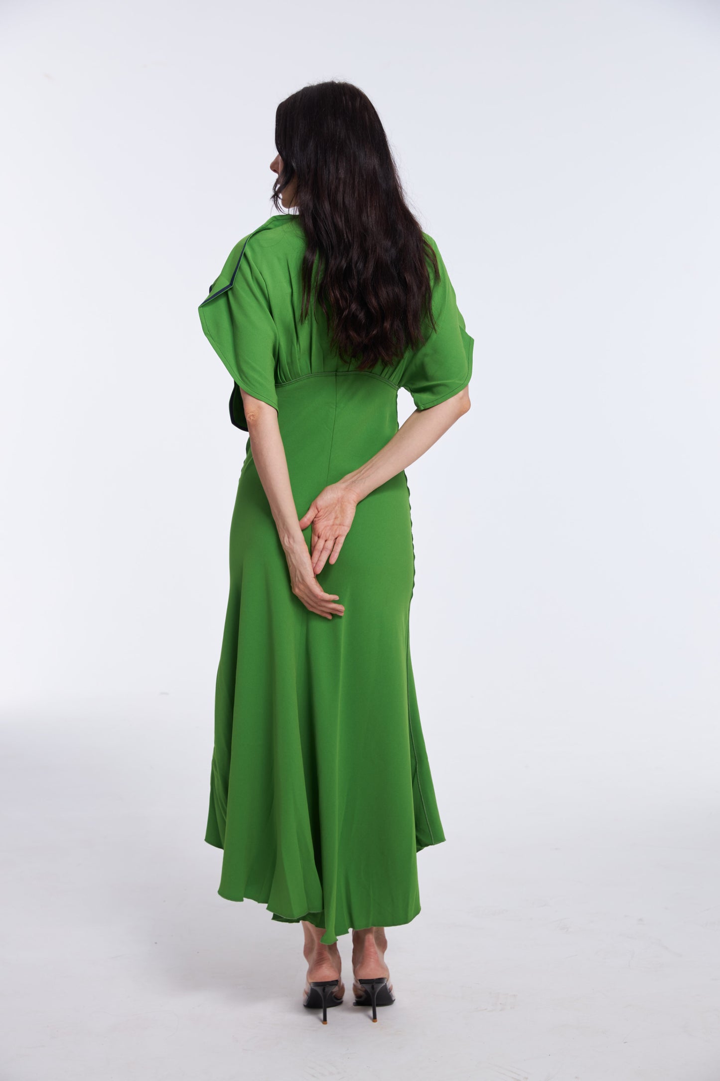 Vibrant Emerald Green Satin Puff Sleeve Midi Dress