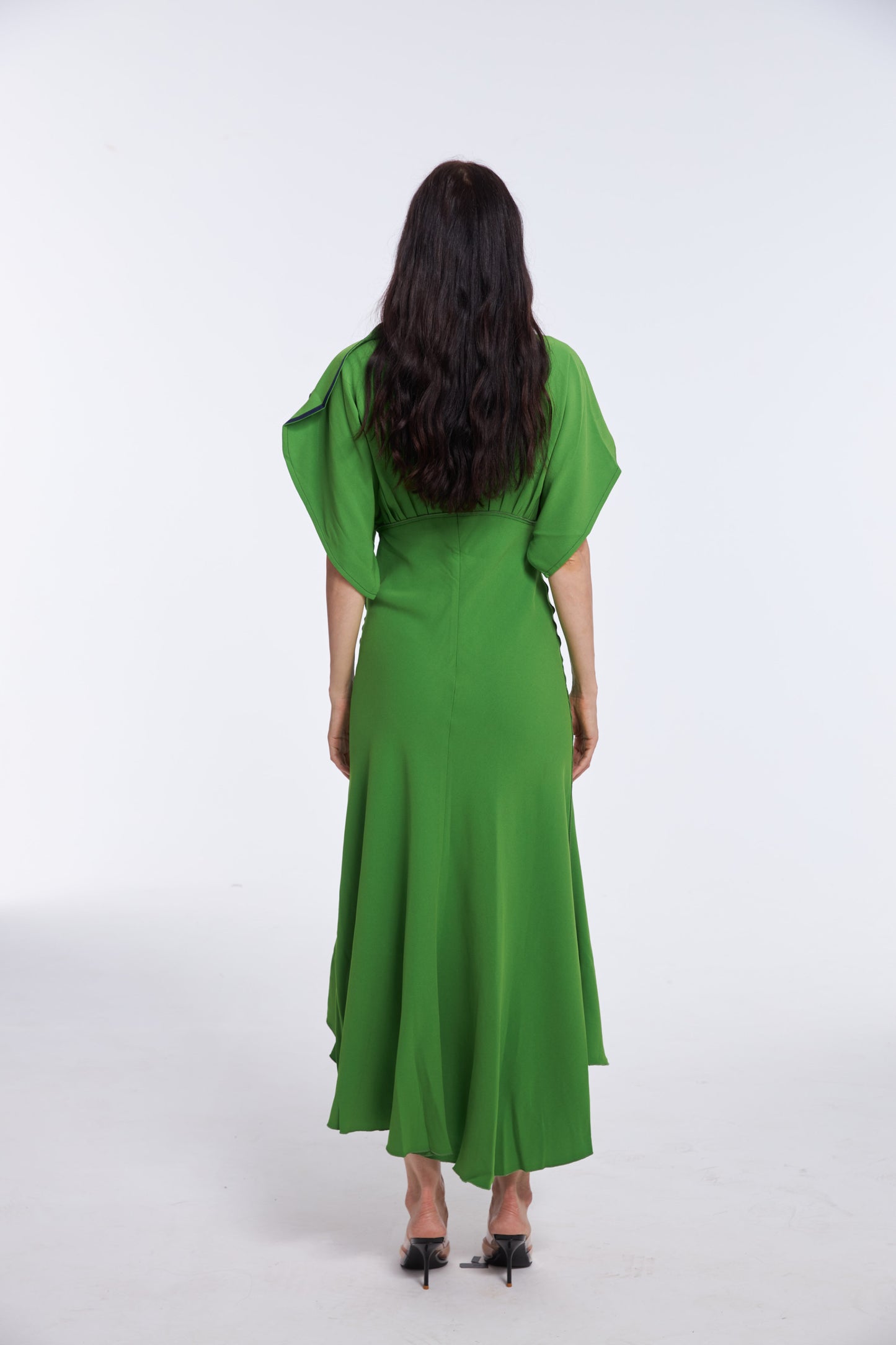 Vibrant Emerald Green Satin Puff Sleeve Midi Dress