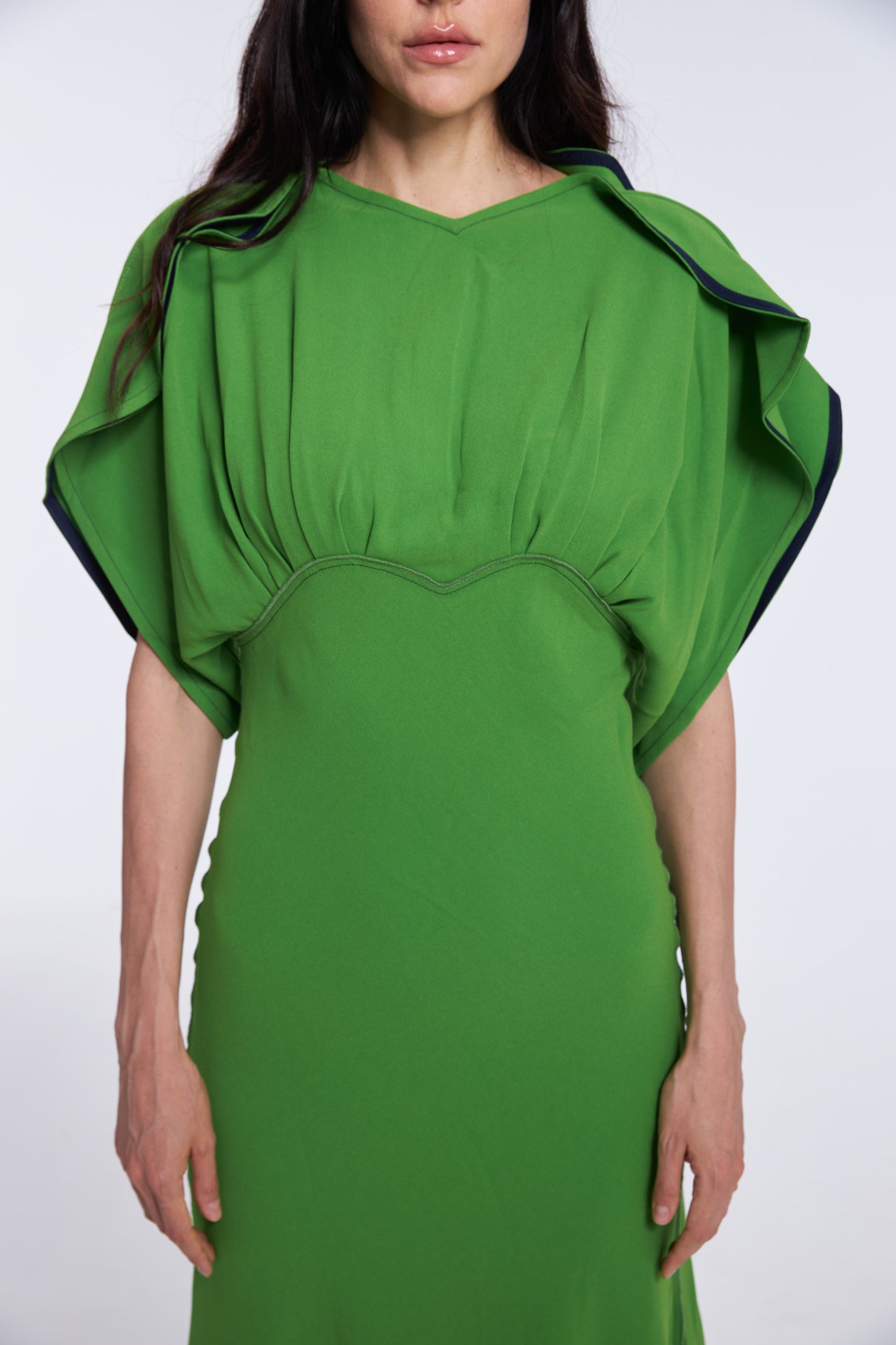 Vibrant Emerald Green Satin Puff Sleeve Midi Dress