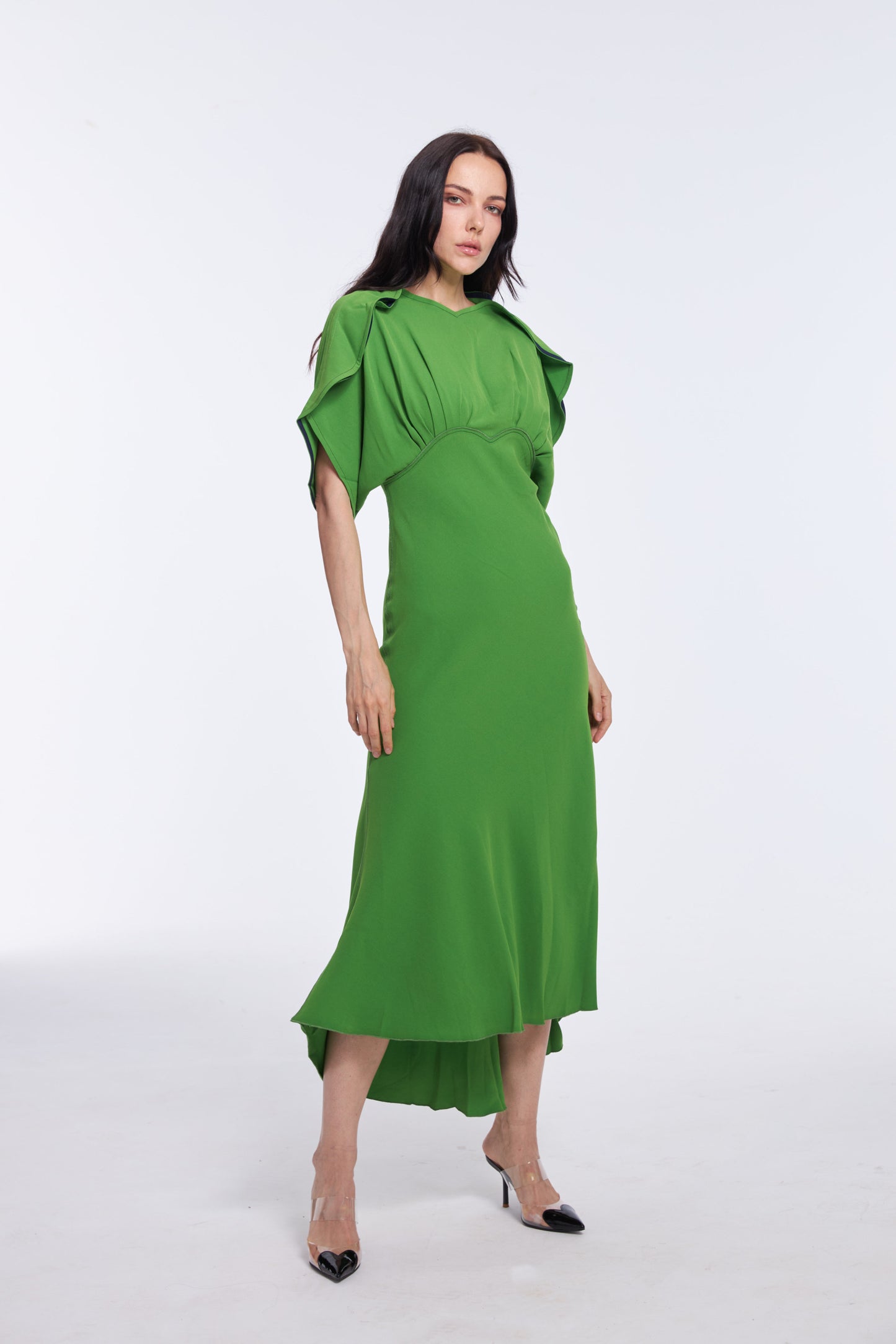 Vibrant Emerald Green Satin Puff Sleeve Midi Dress