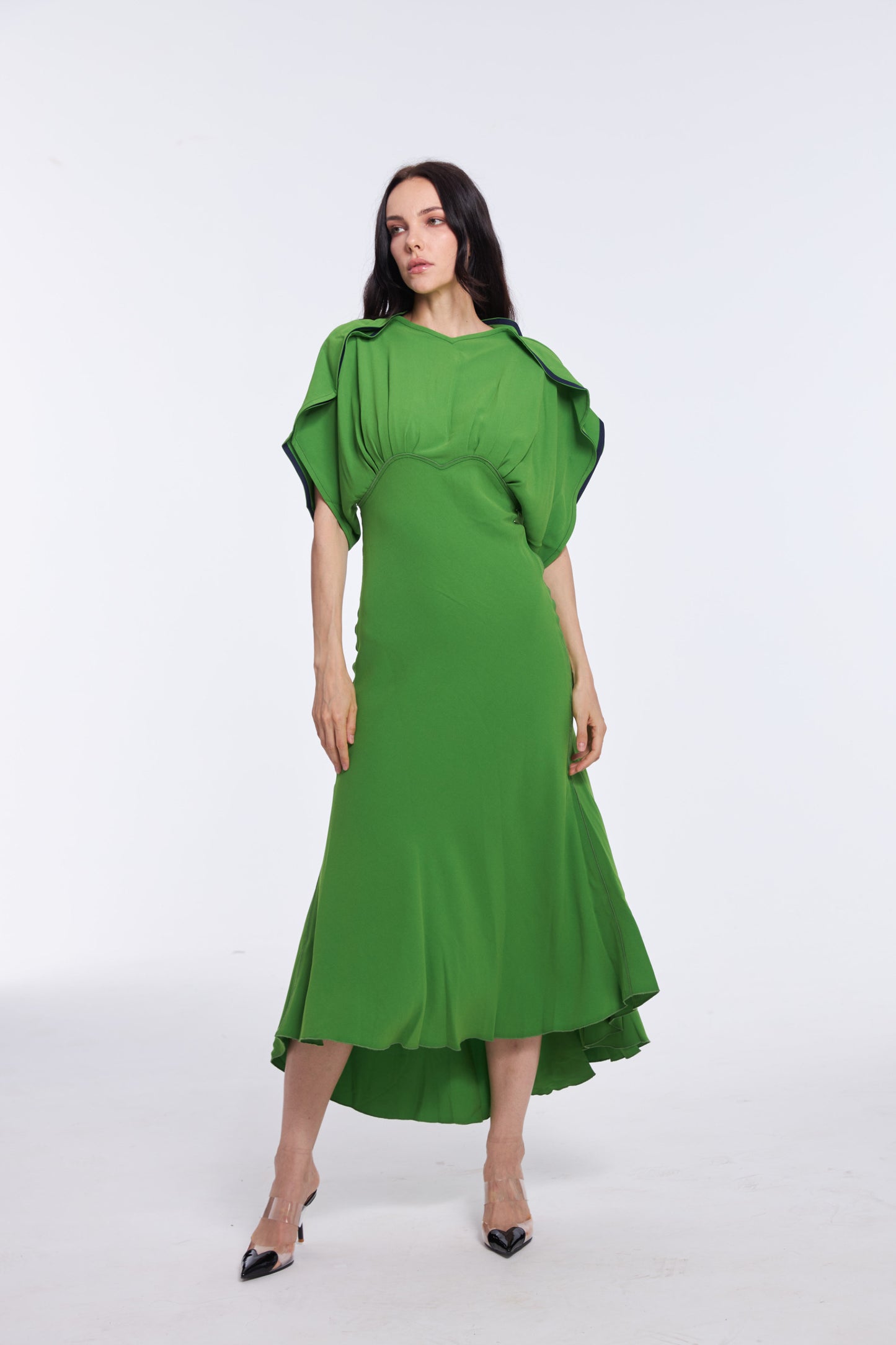 Vibrant Emerald Green Satin Puff Sleeve Midi Dress