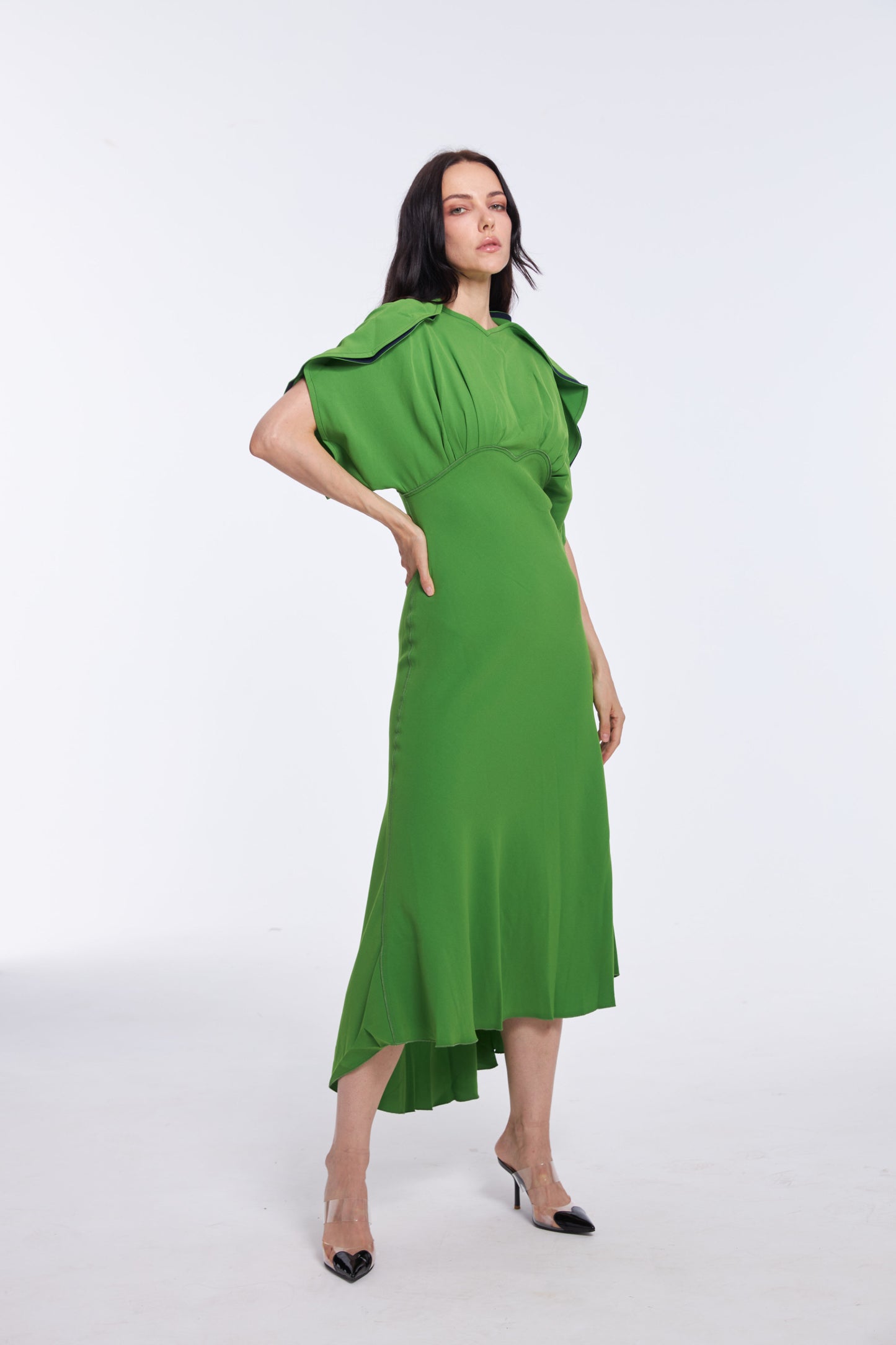 Vibrant Emerald Green Satin Puff Sleeve Midi Dress