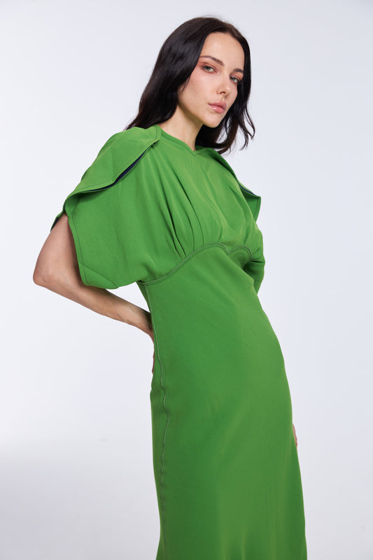 Vibrant Emerald Green Satin Puff Sleeve Midi Dress