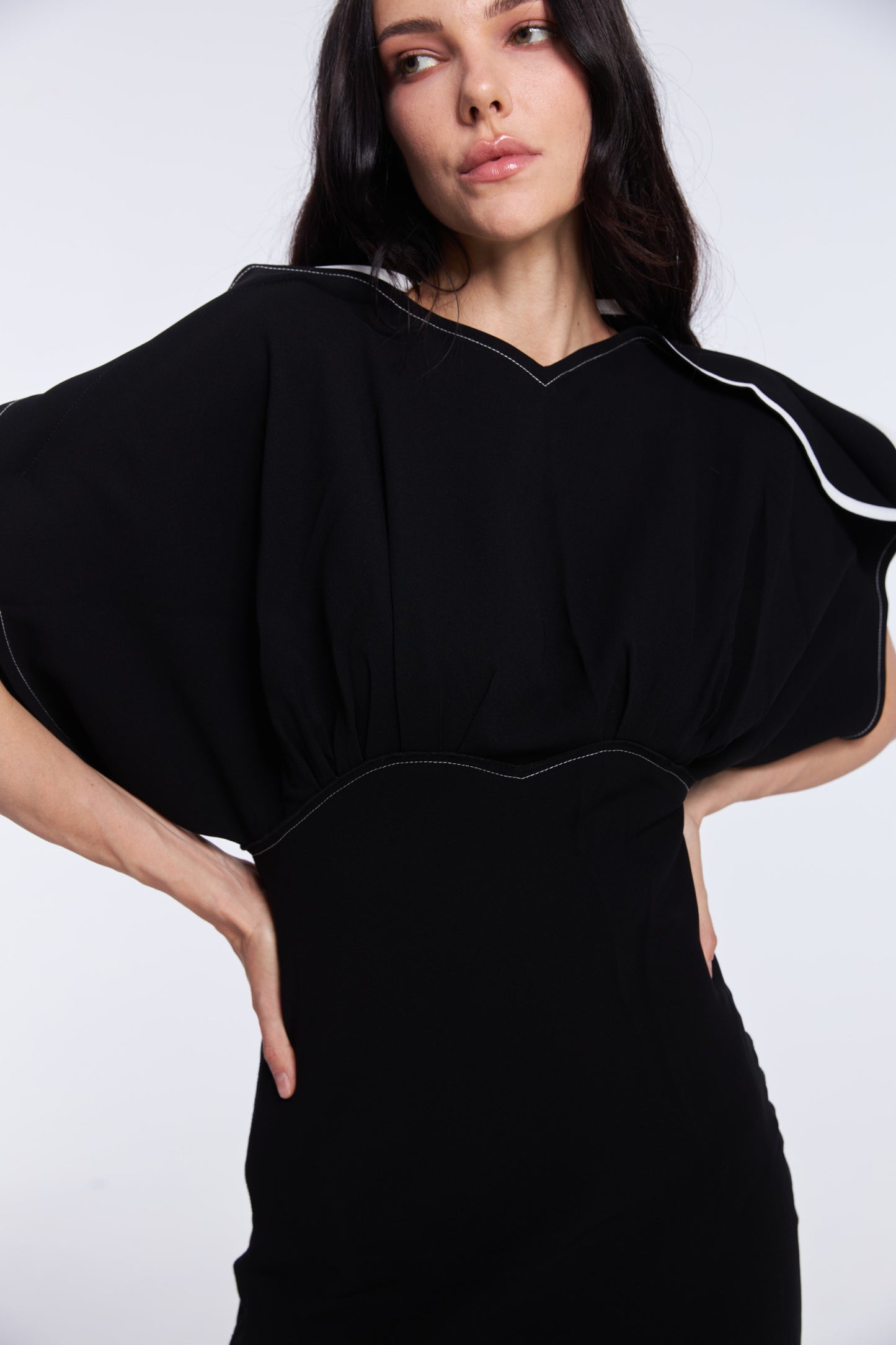 Vibrant Black Satin Puff Sleeve Midi Dress