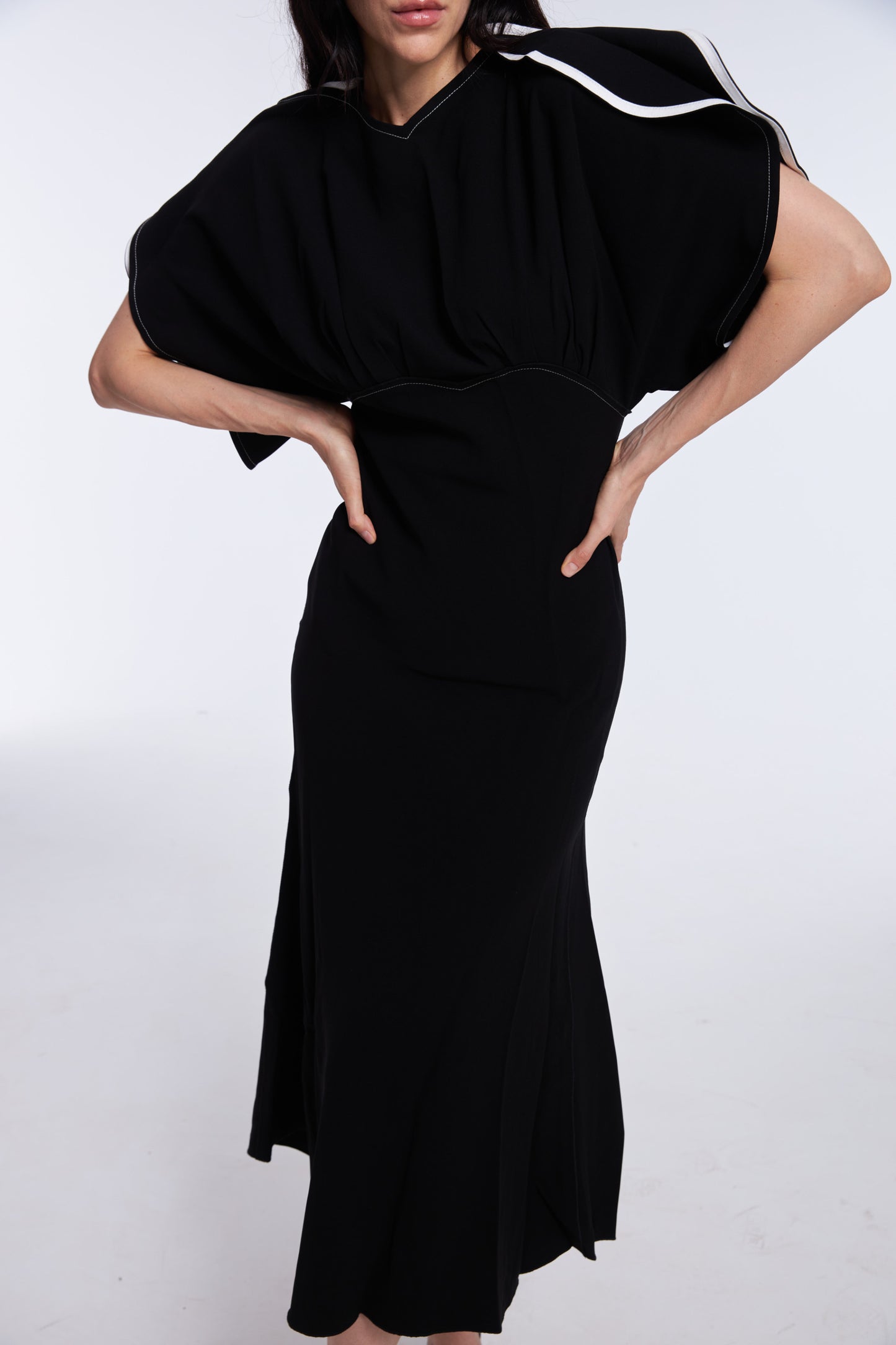 Vibrant Black Satin Puff Sleeve Midi Dress