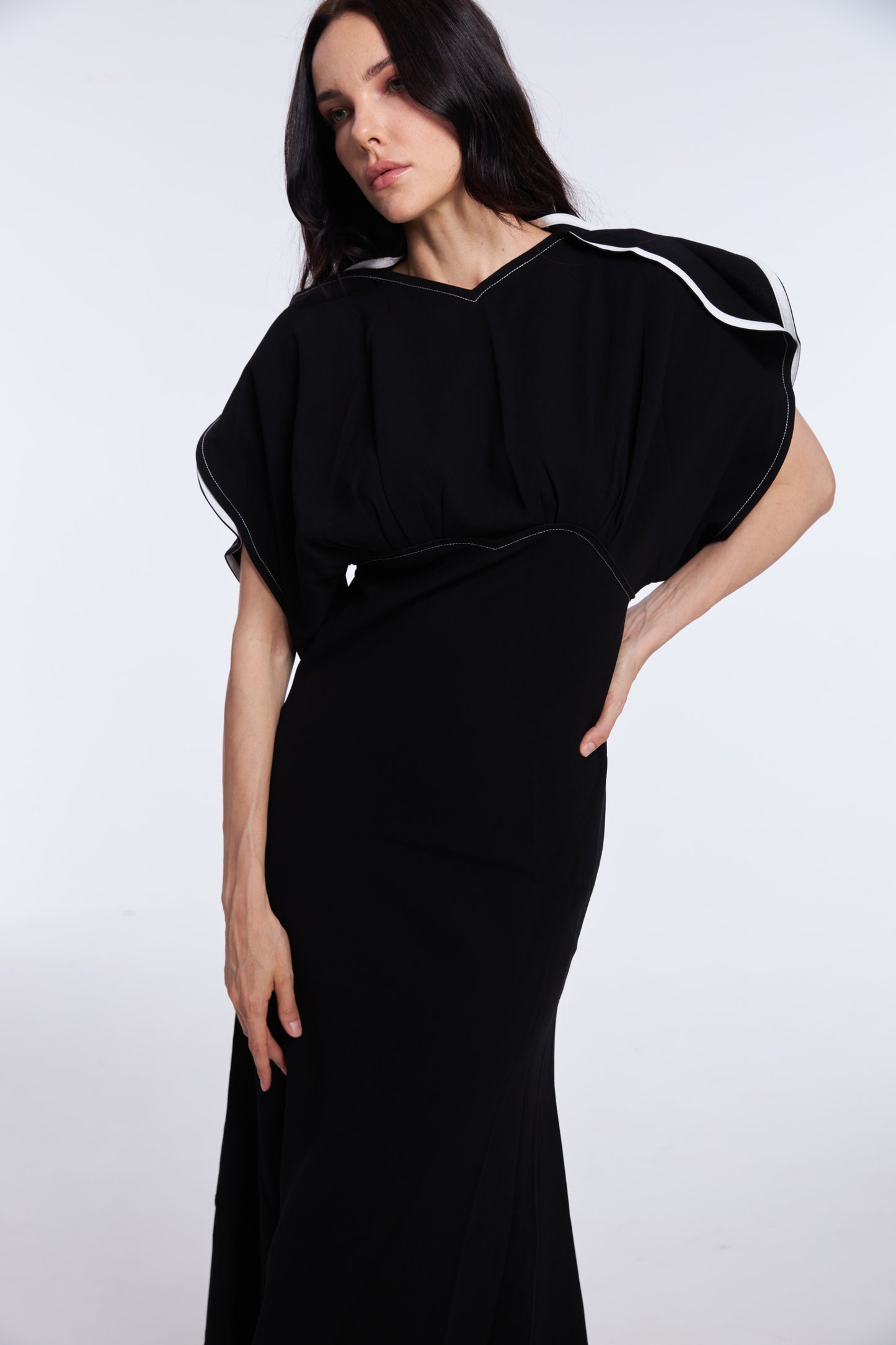 Vibrant Black Satin Puff Sleeve Midi Dress