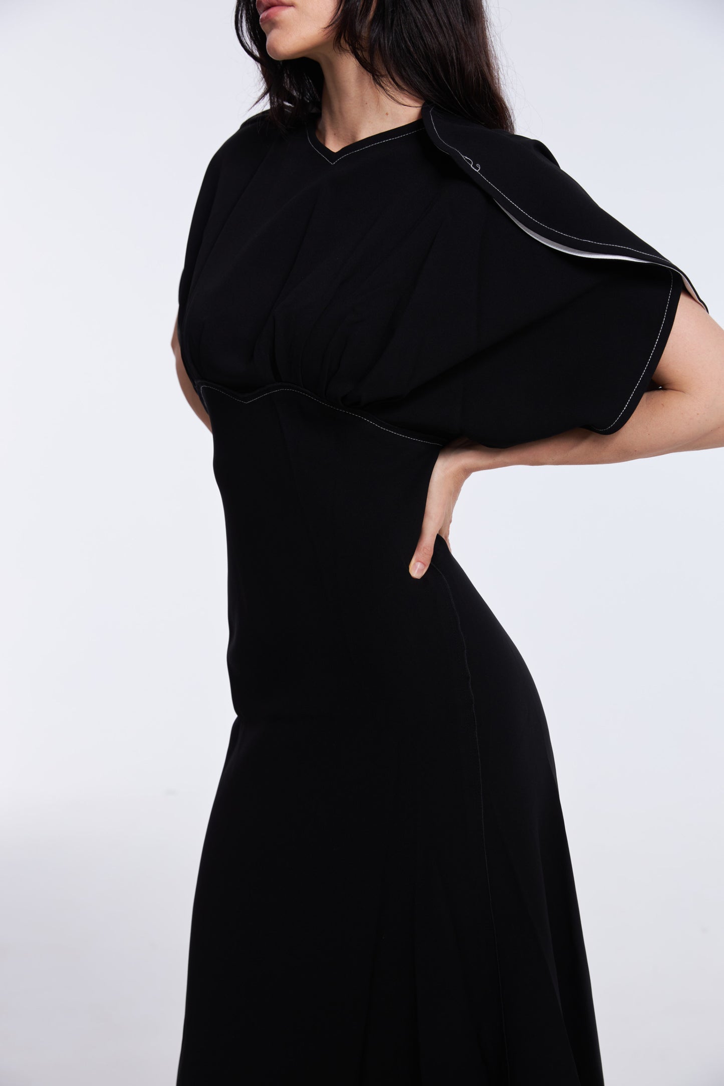 Vibrant Black Satin Puff Sleeve Midi Dress