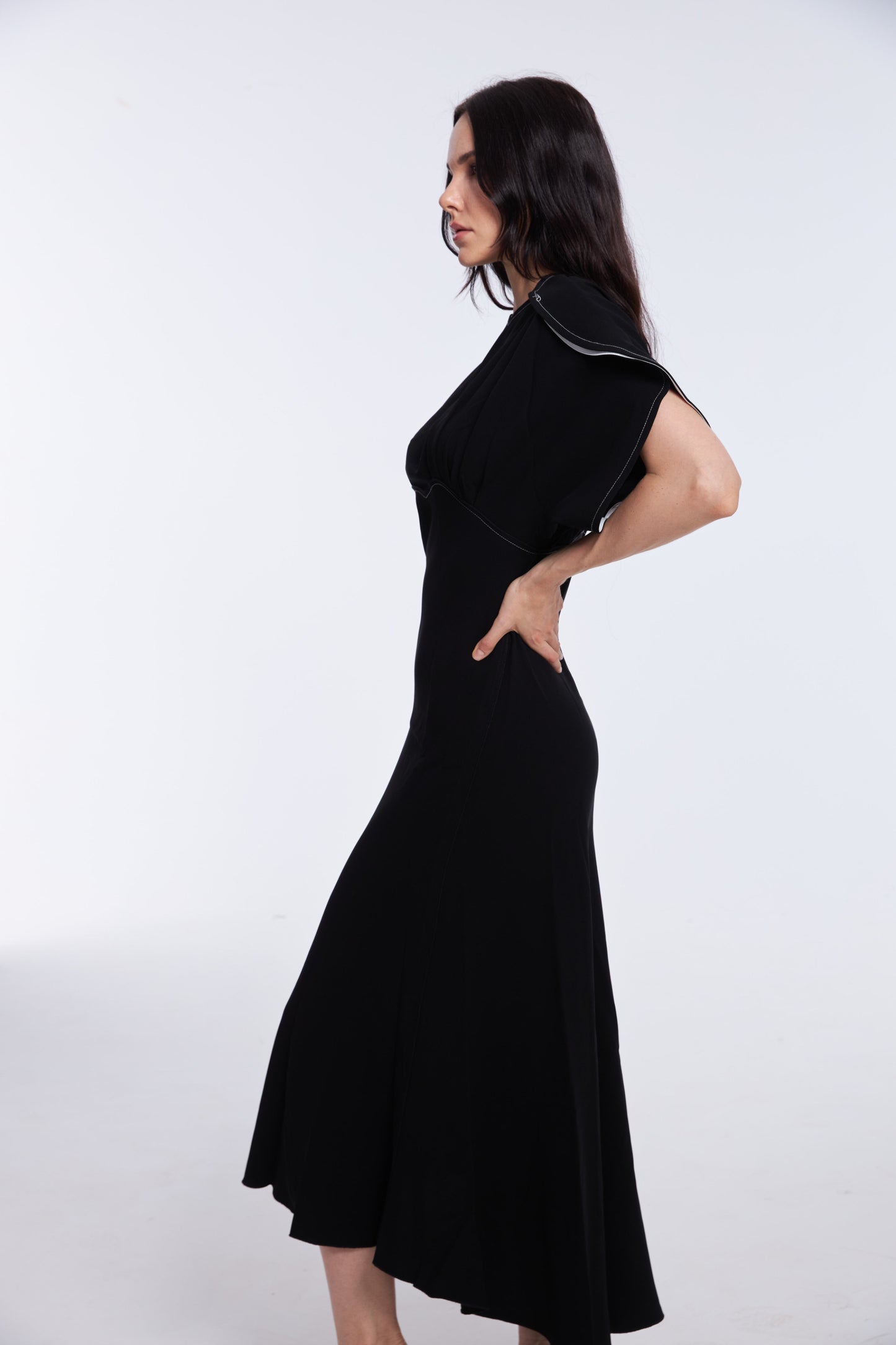 Vibrant Black Satin Puff Sleeve Midi Dress