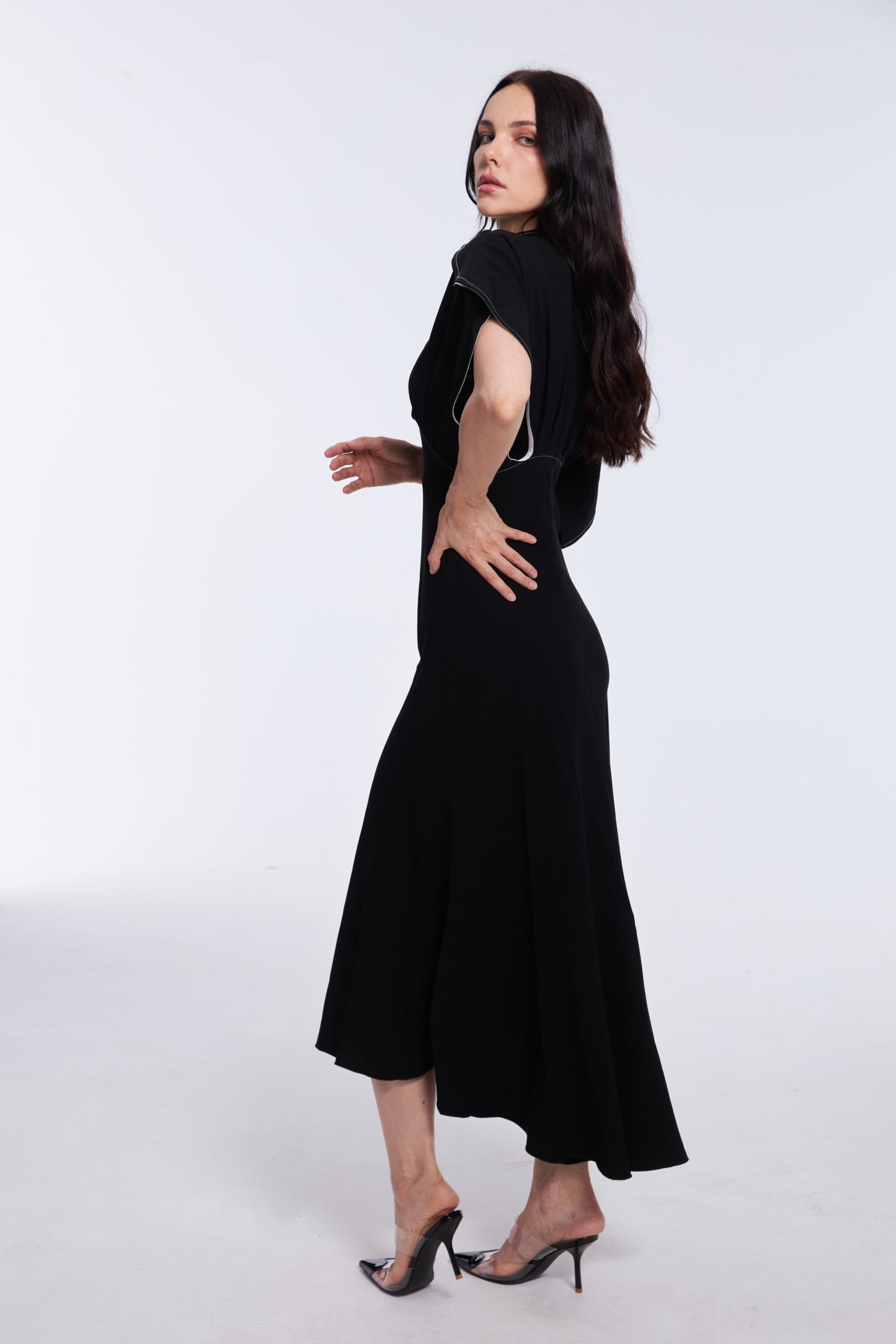 Vibrant Black Satin Puff Sleeve Midi Dress