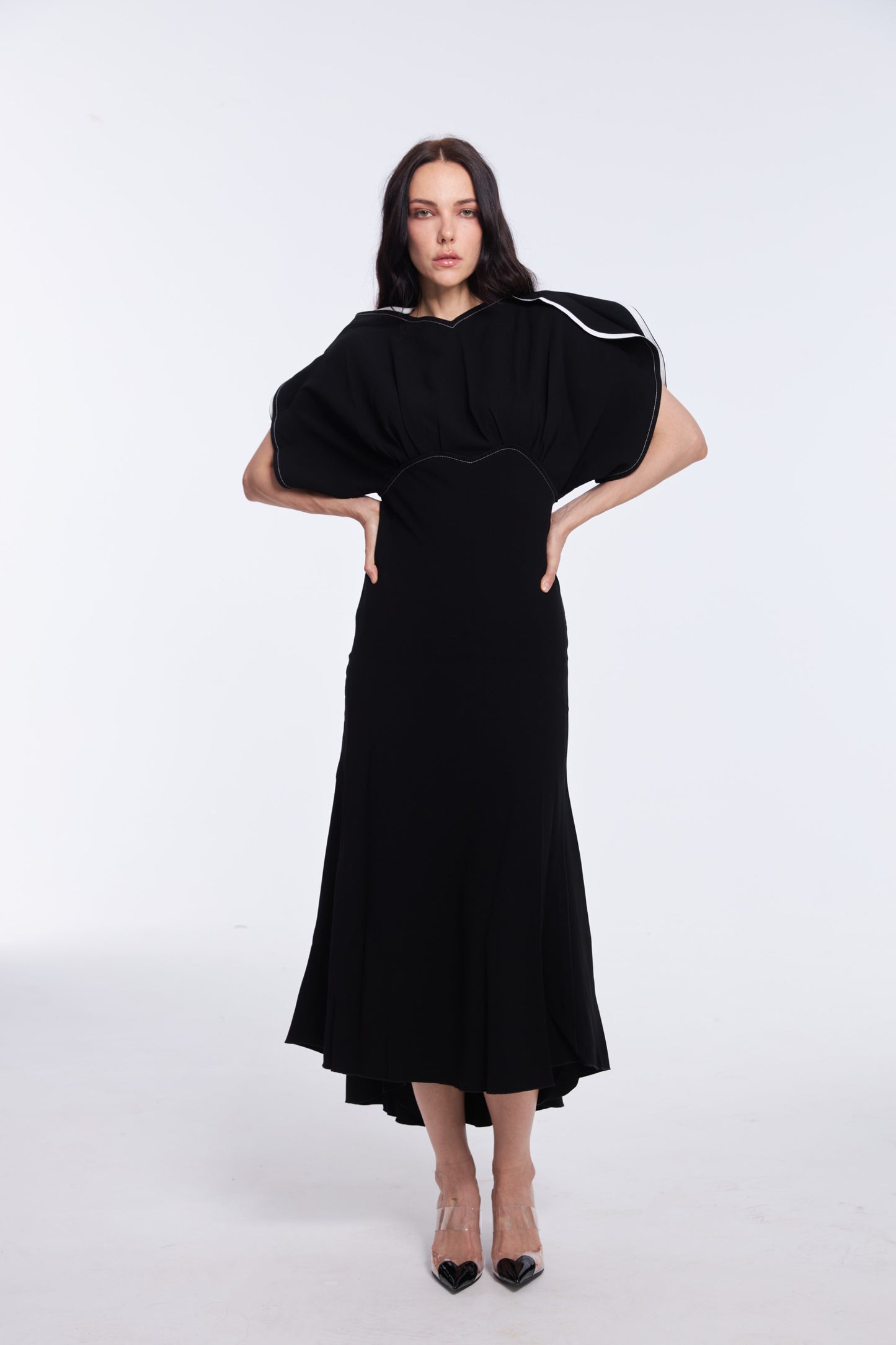 Vibrant Black Satin Puff Sleeve Midi Dress