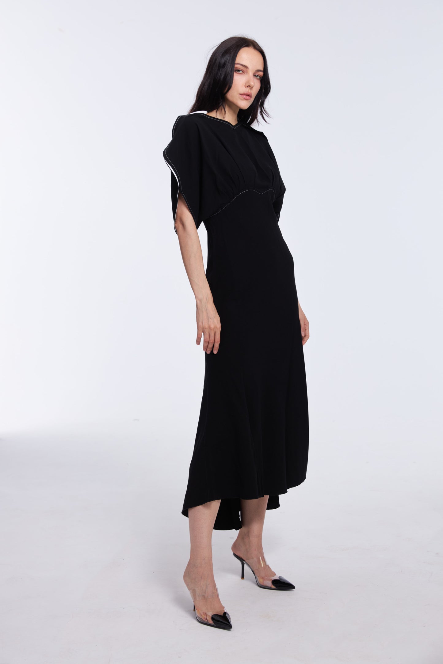 Vibrant Black Satin Puff Sleeve Midi Dress