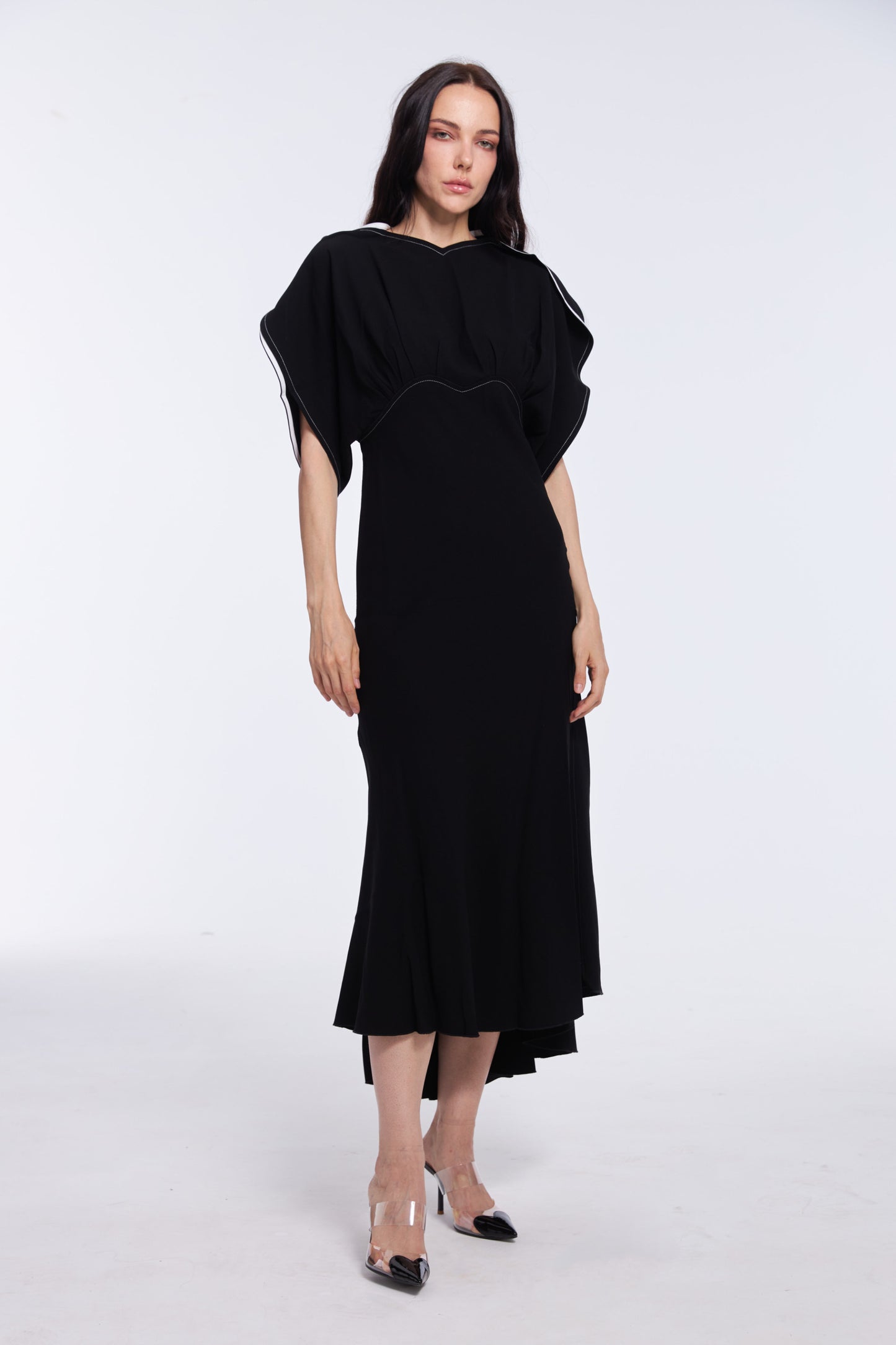 Vibrant Black Satin Puff Sleeve Midi Dress