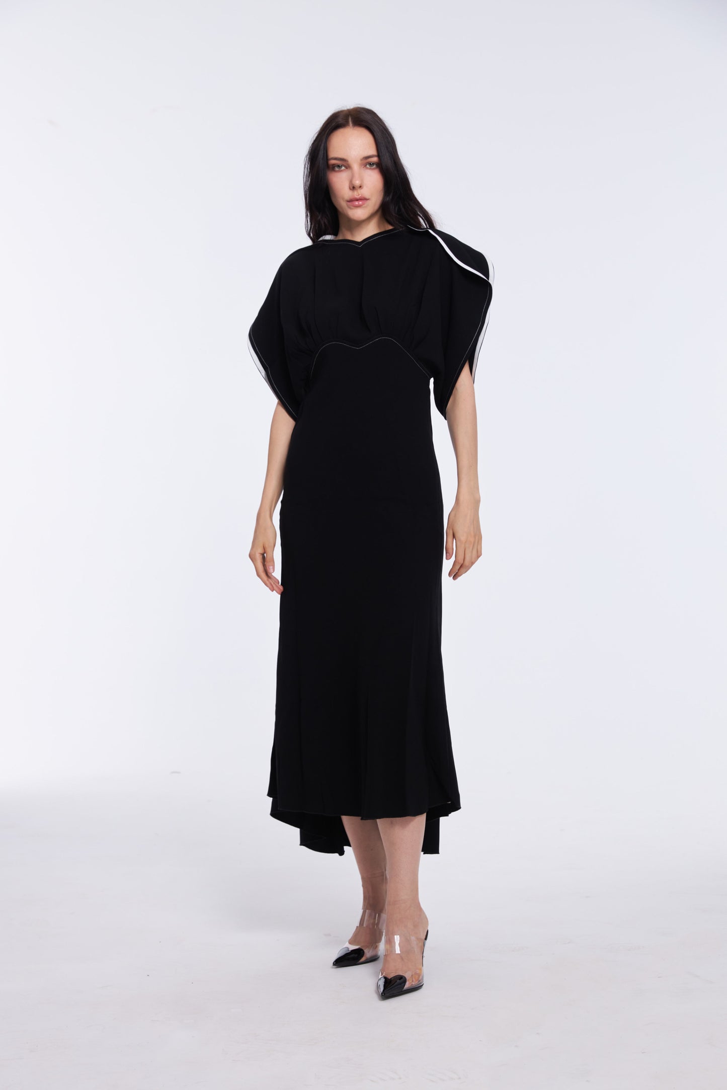 Vibrant Black Satin Puff Sleeve Midi Dress